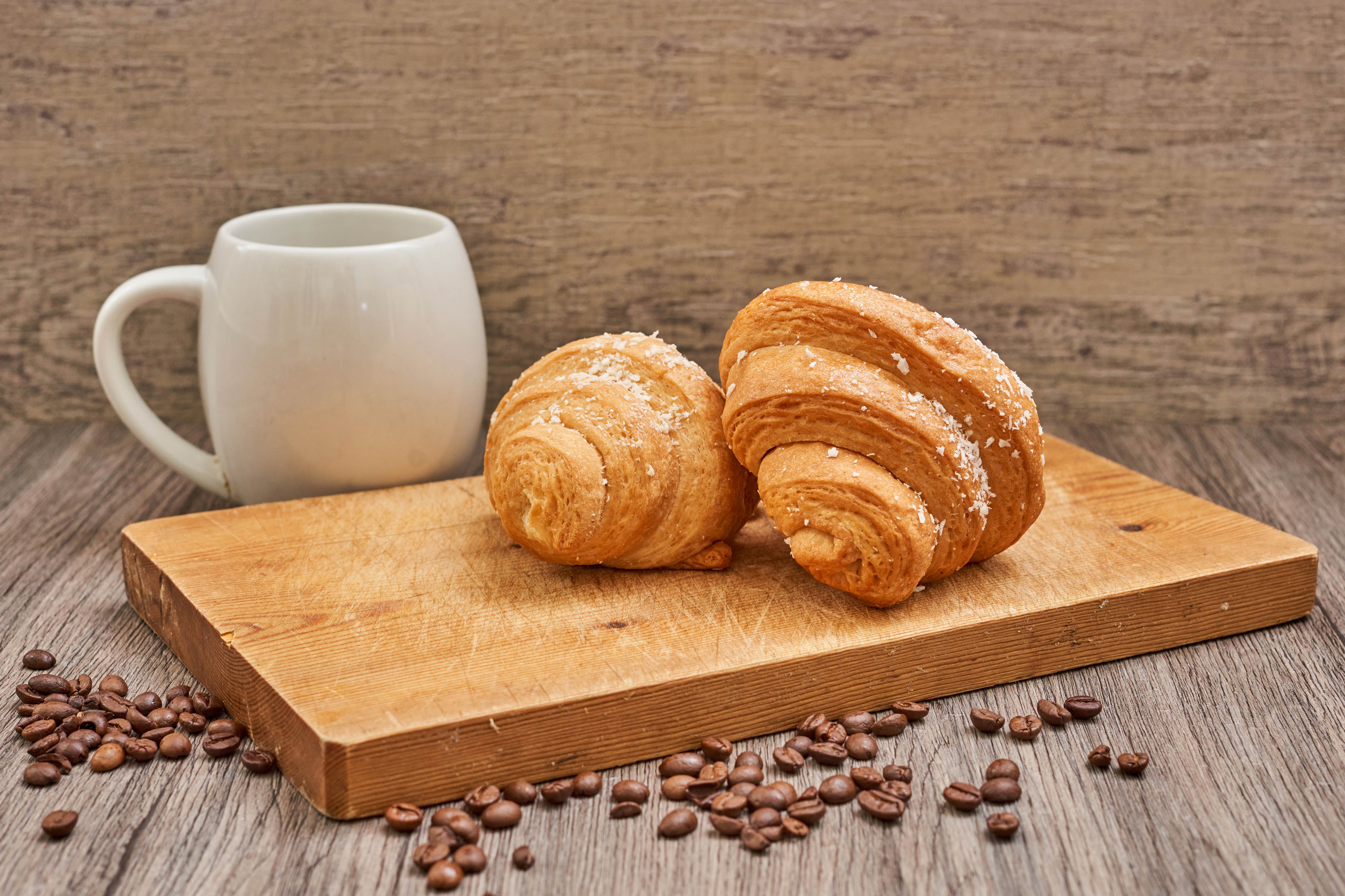 Two Croissants and a Mug on a Cutting Board HD Wallpaper