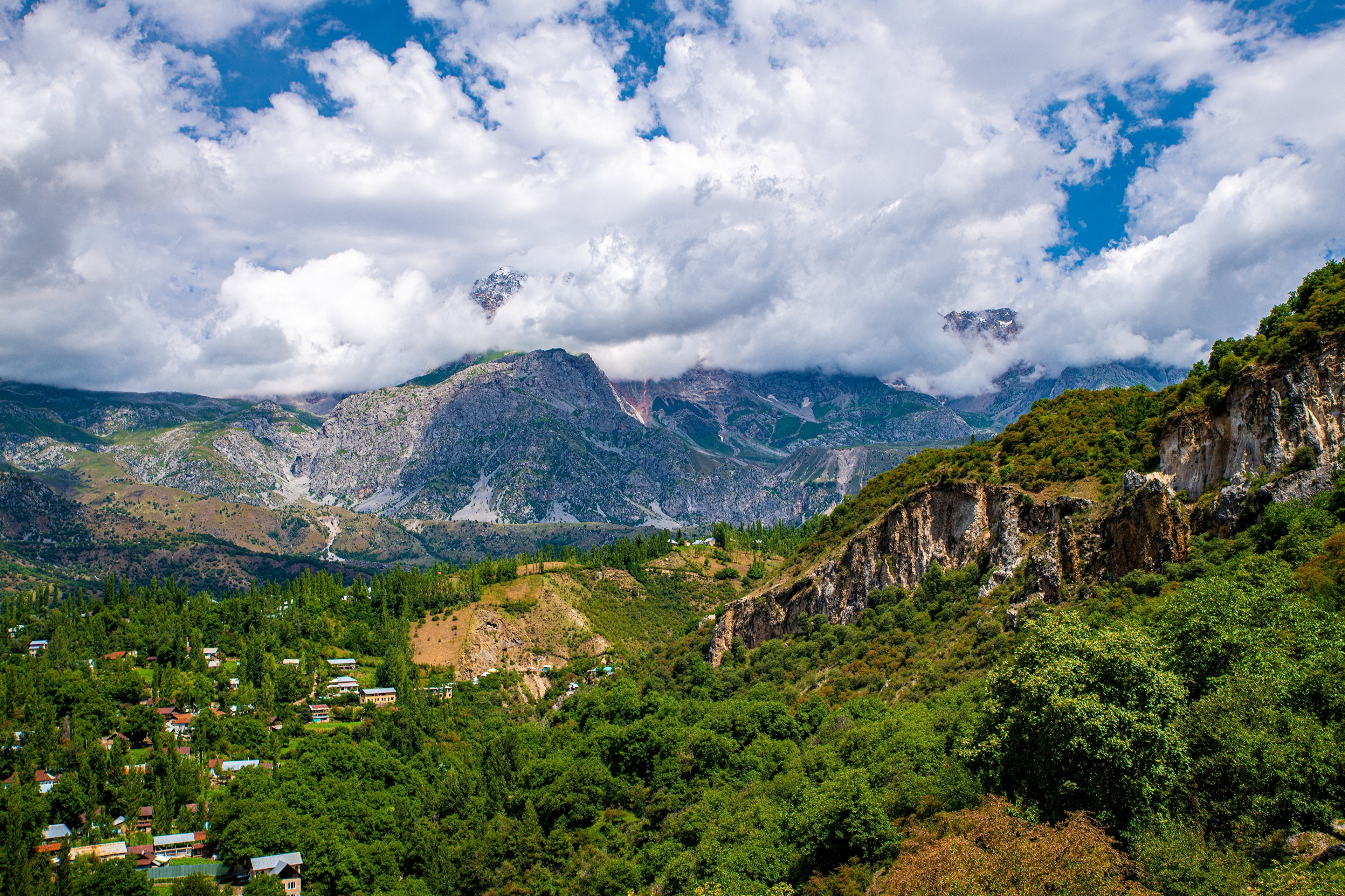 Arslanbob Kyrgyzstan Mountains with Clouds HD Wallpaper