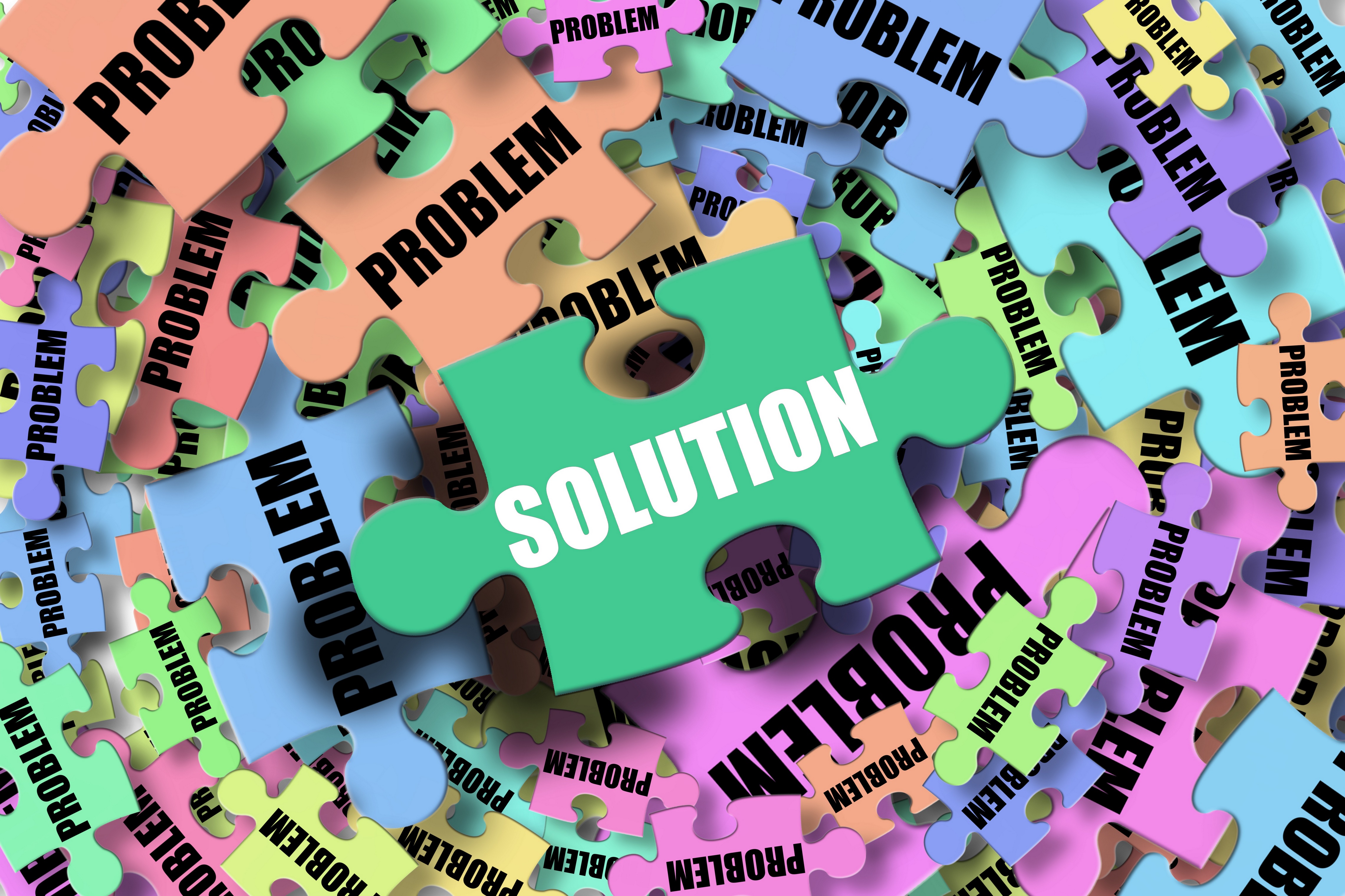 Puzzle pieces with 'Problem' and 'Solution' words HD Wallpaper
