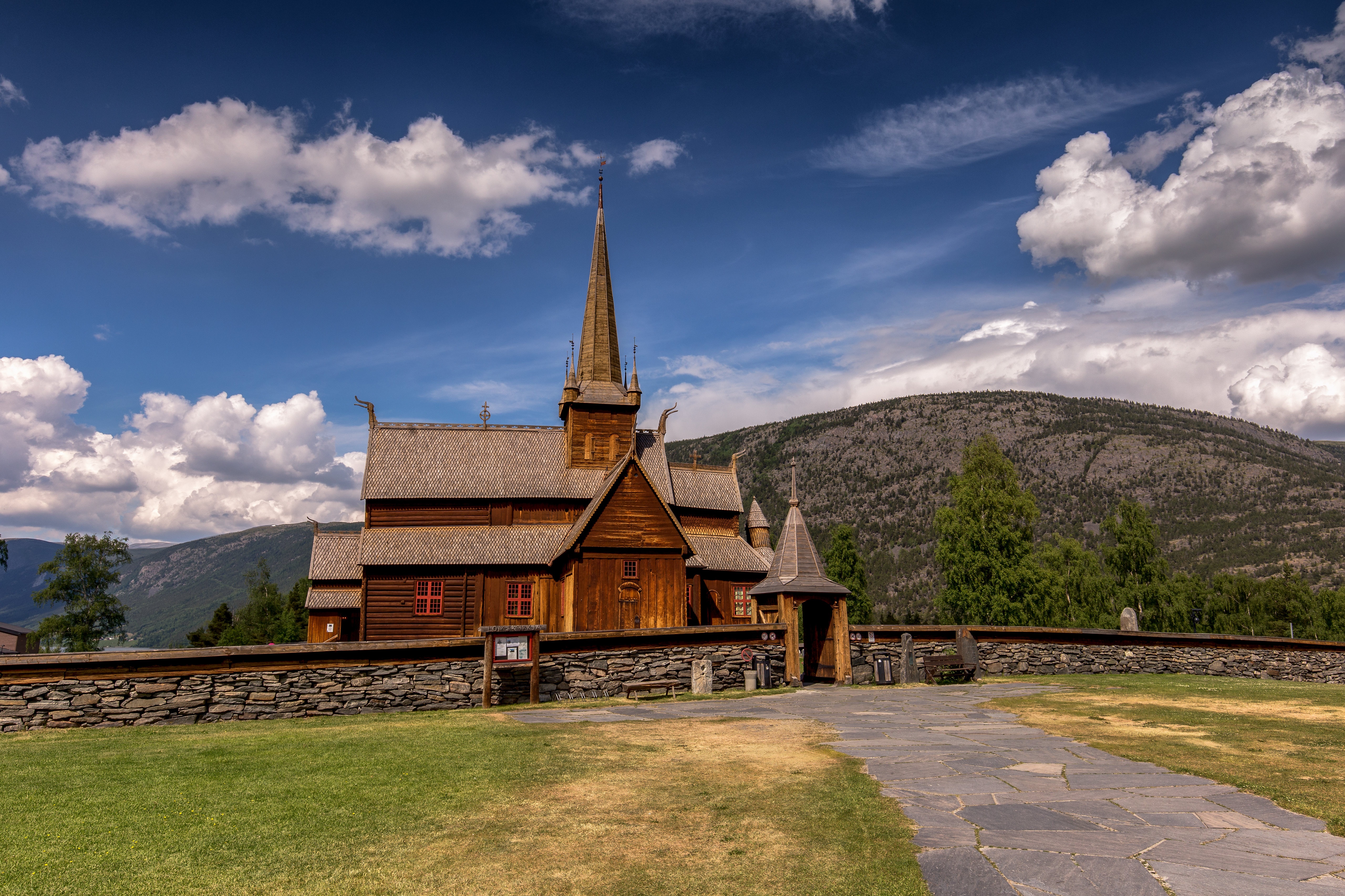 Lom Stave Church, Norway, Mountains, Clouds HD Wallpaper