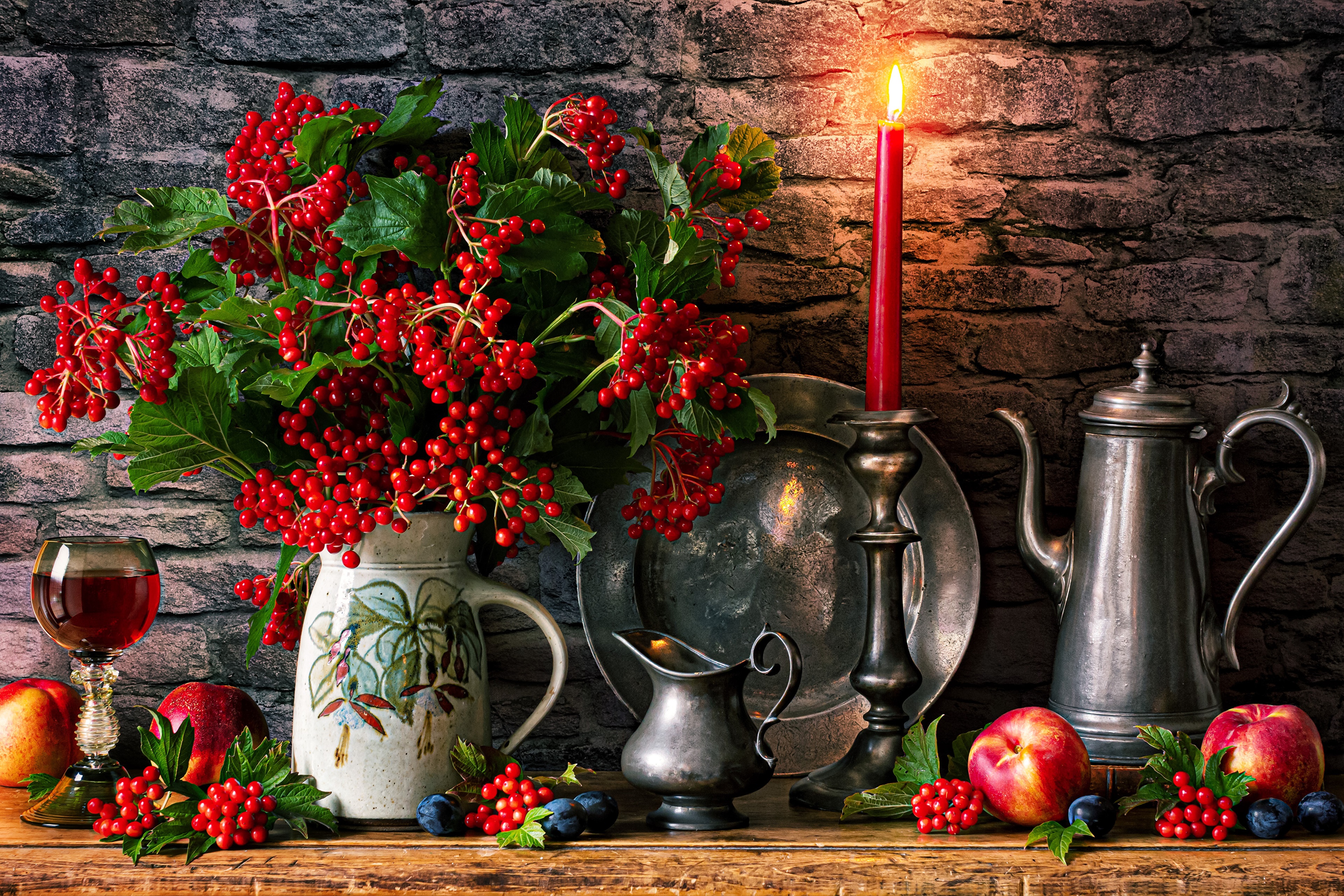 Still-life with guelder rose, apples, and candle HD Wallpaper