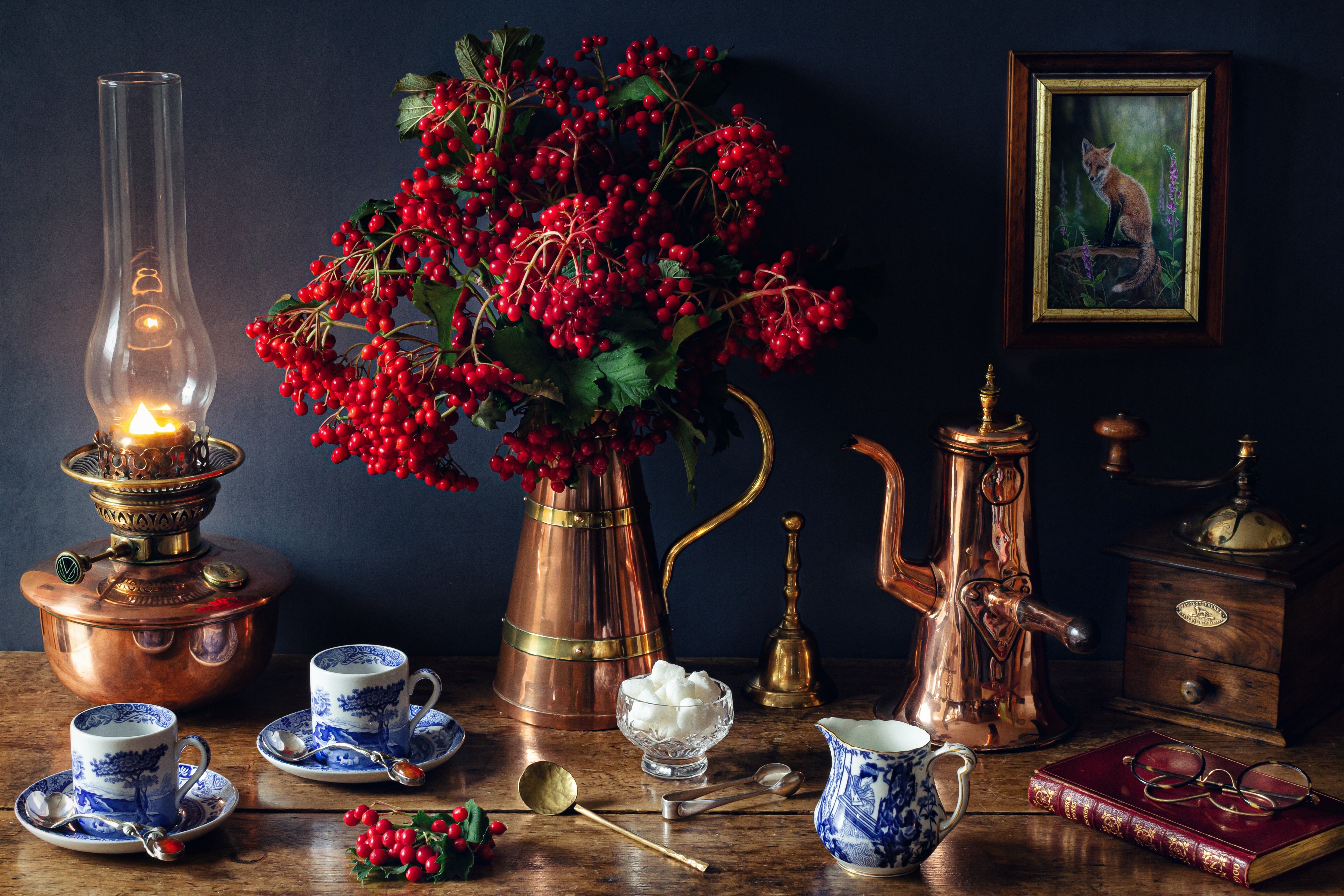 Still-life with guelder rose, kerosene lamp, and coffee set HD Wallpaper