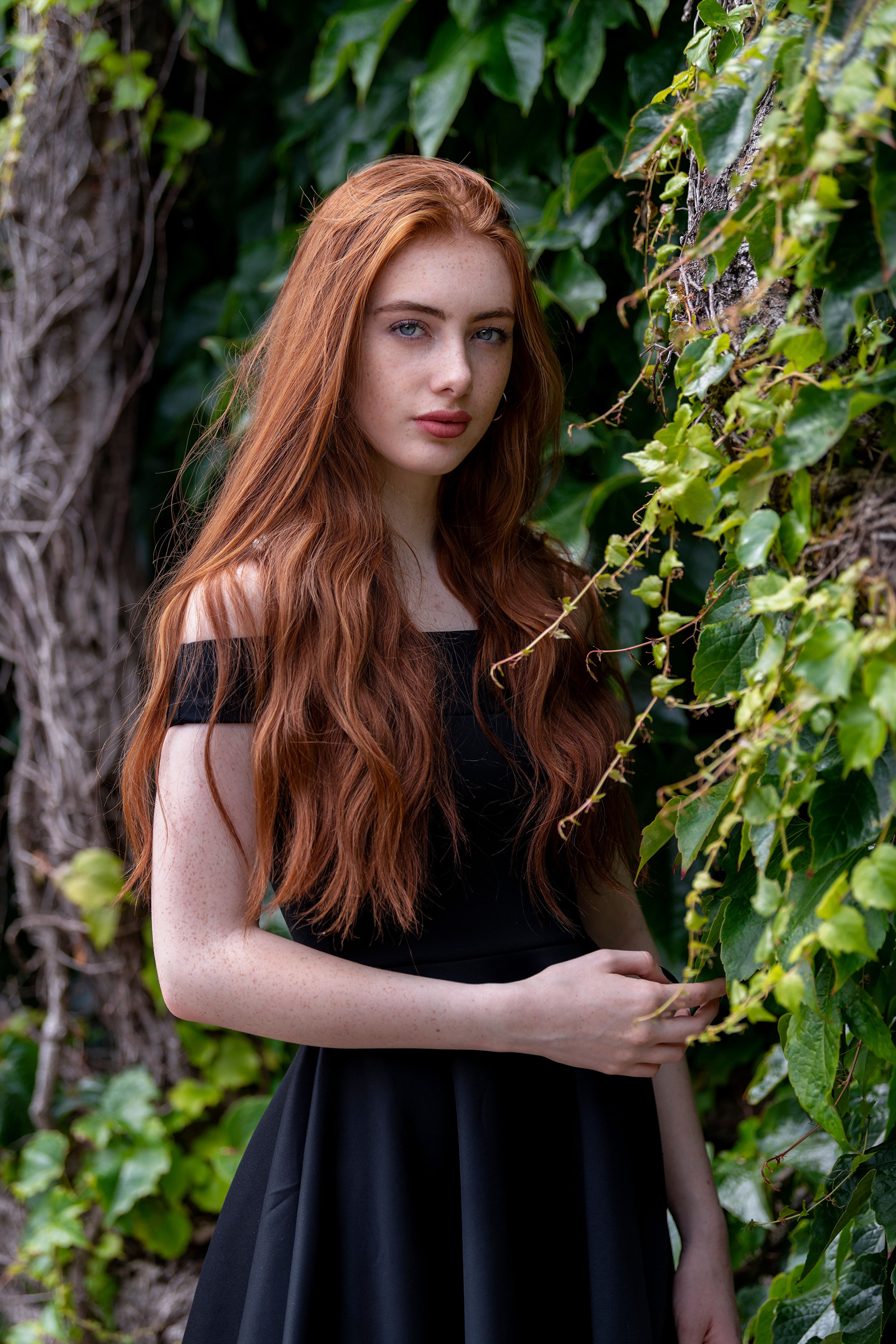 Redhead girl Emilia in black dress HD Phone Wallpaper