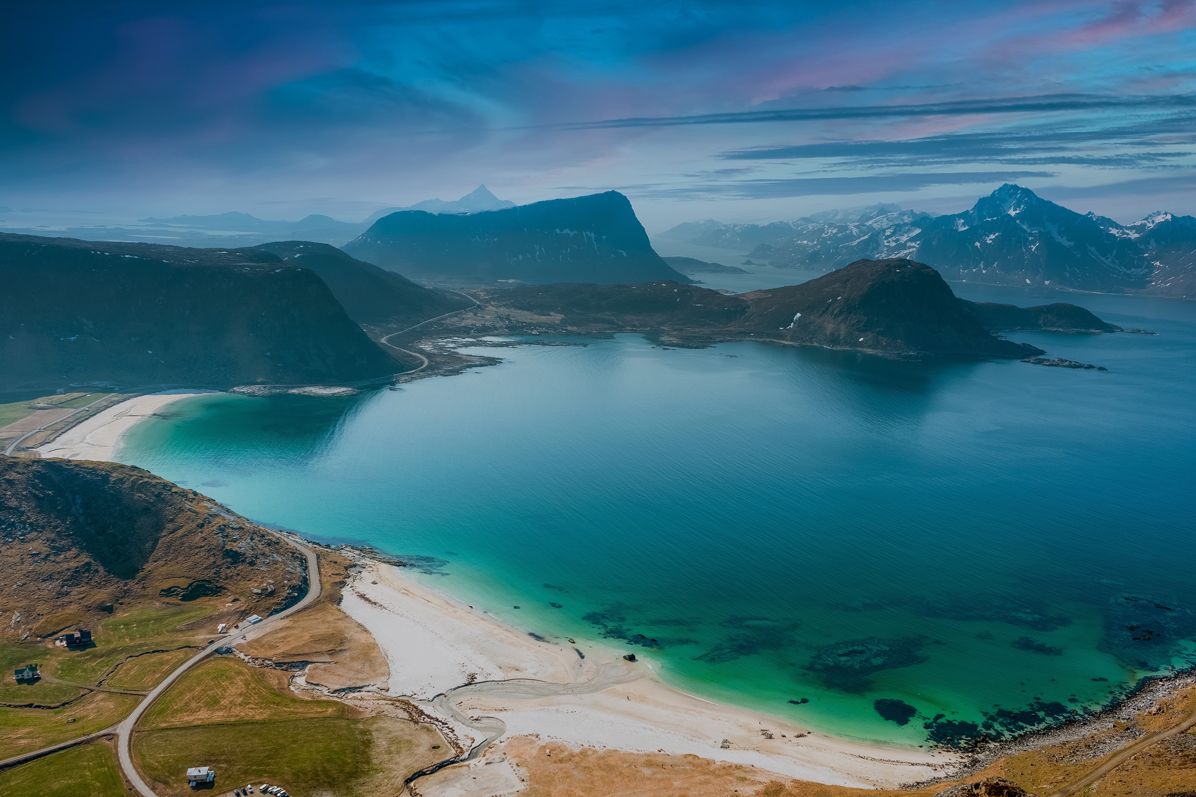 4K Norway Coast Mountains Lofoten Aerial View HD Wallpaper