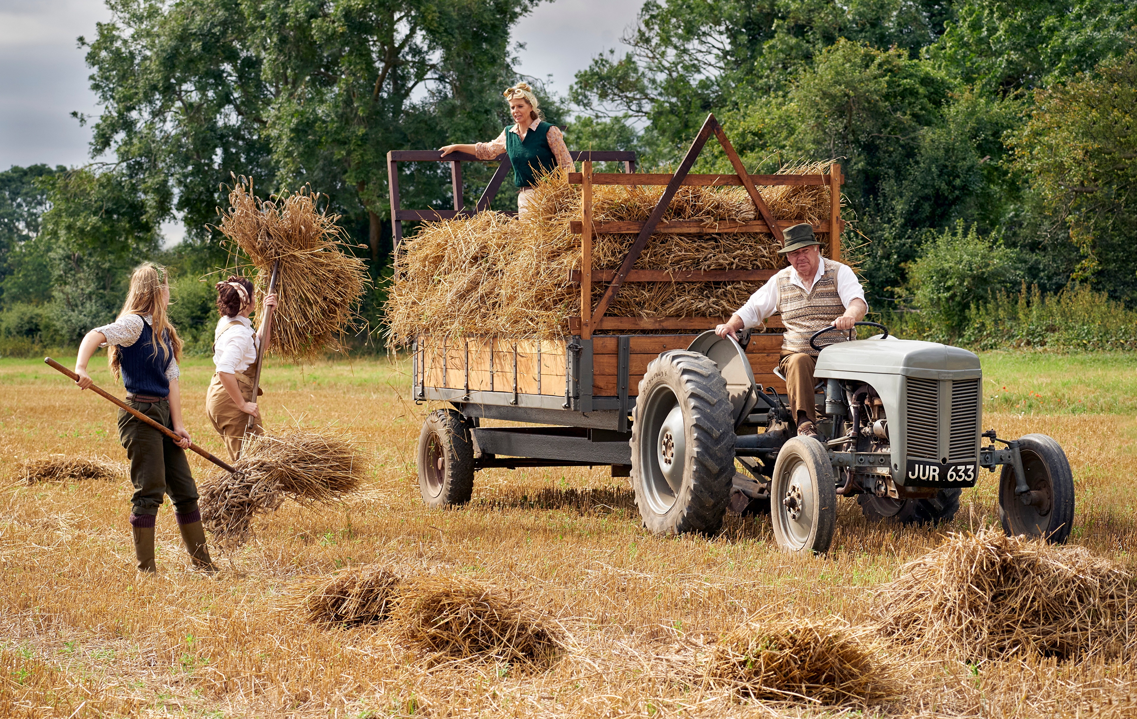 People working with hay on a tractor in a field HD Wallpaper