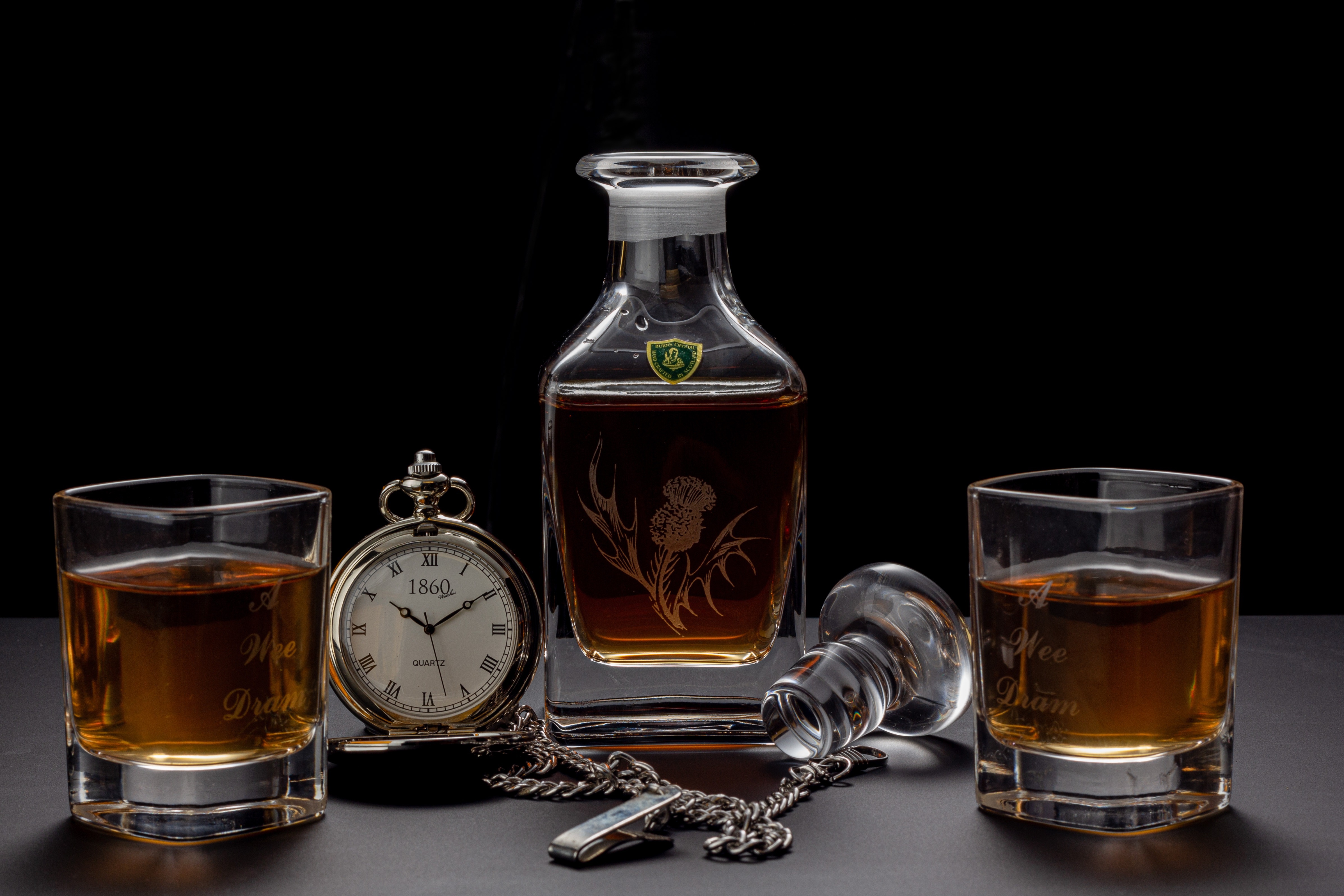 Whisky bottle and glasses with pocket watch HD Wallpaper