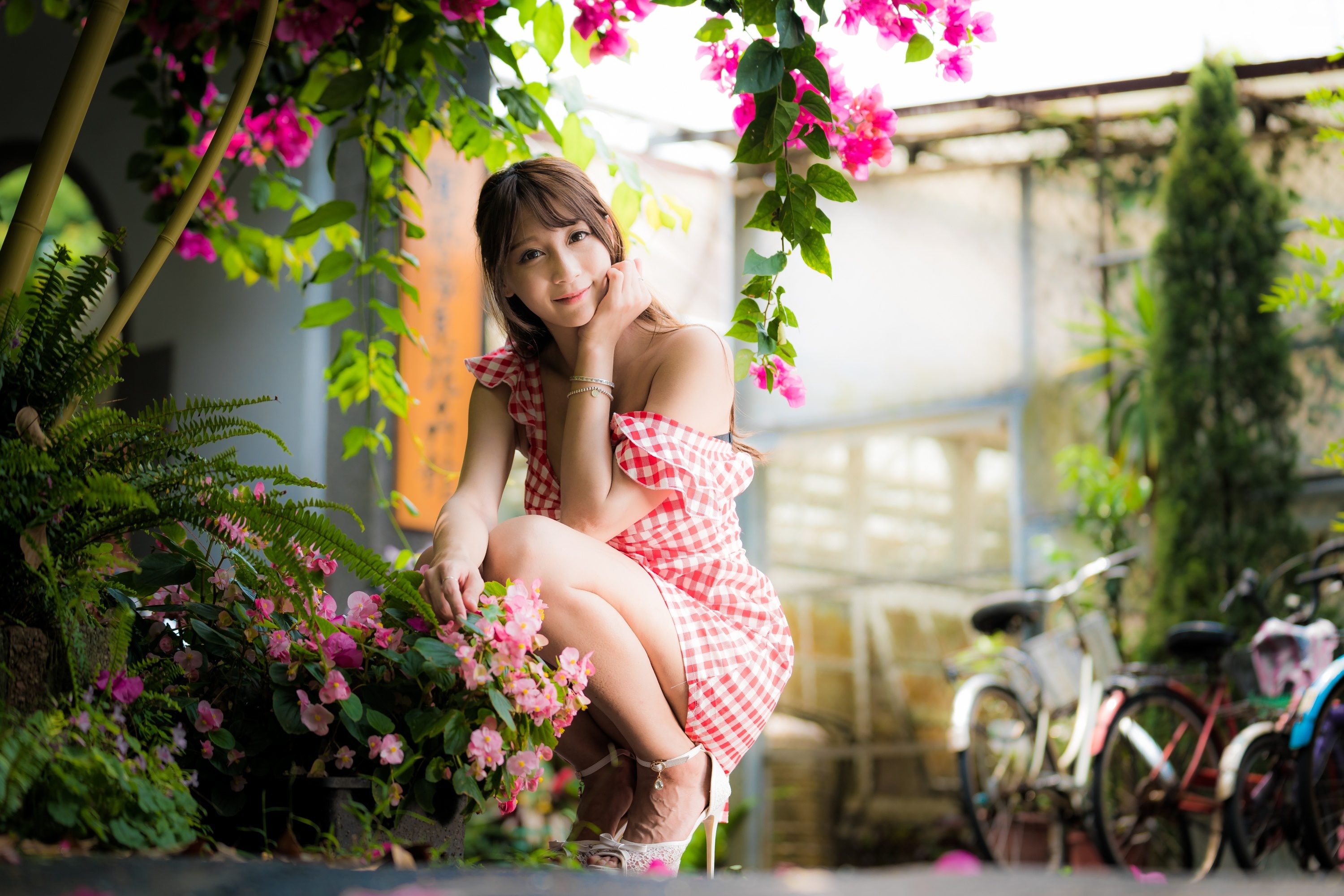 Asian woman in red and white dress with flowers HD Wallpaper