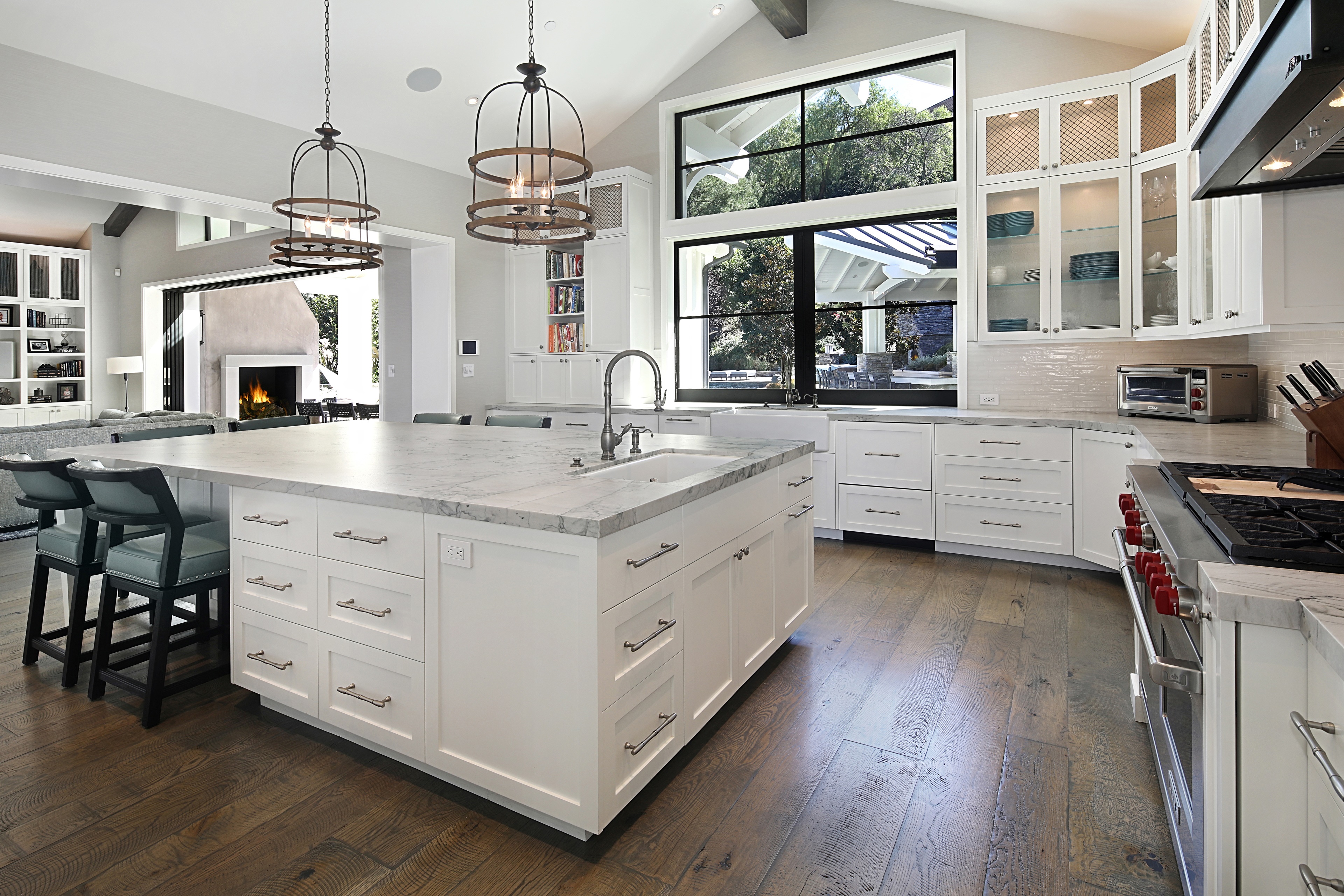 Modern Kitchen with Island and Fireplace HD Wallpaper
