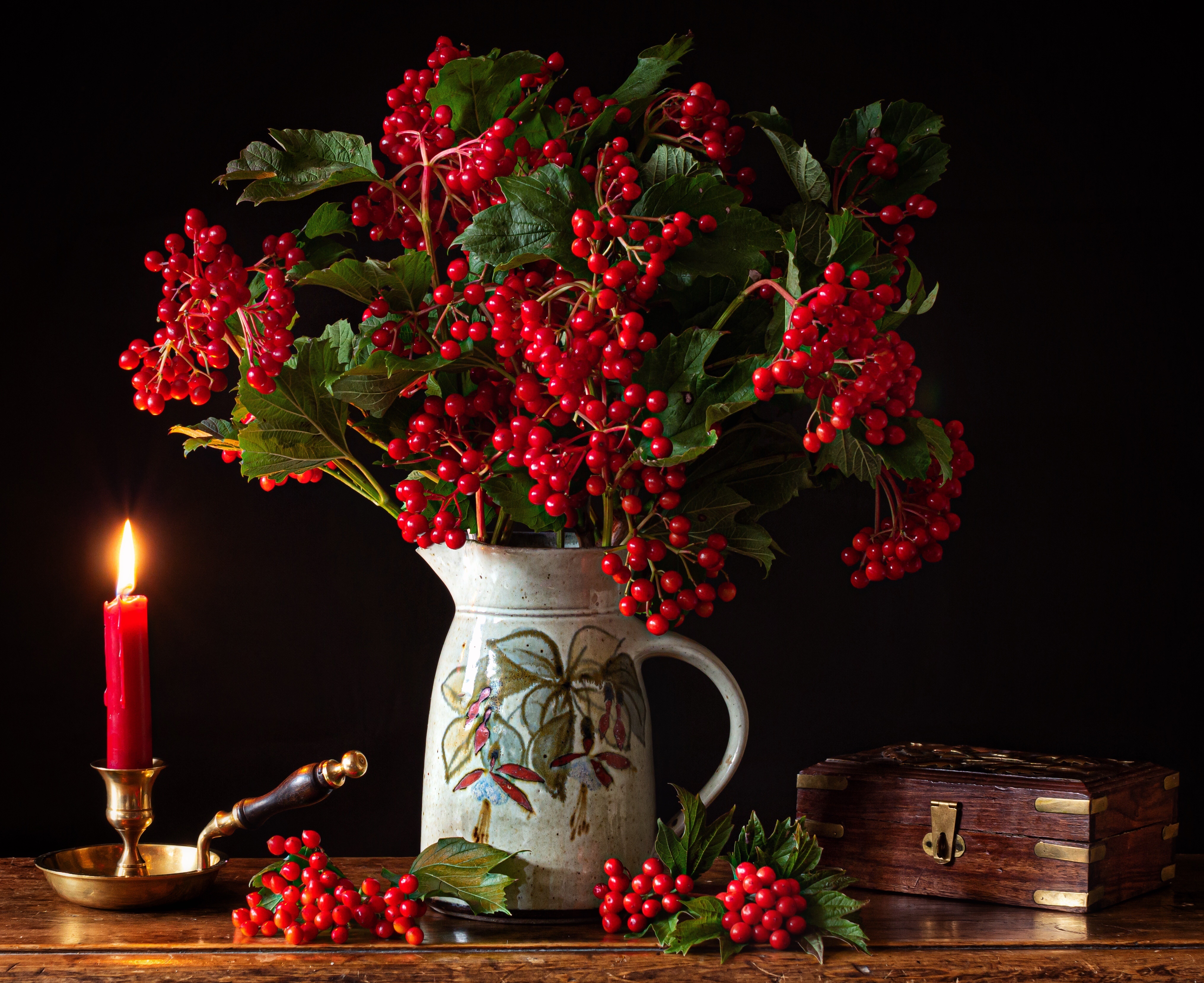Still-life with Guelder Rose, Candle, and Wooden Box HD Wallpaper