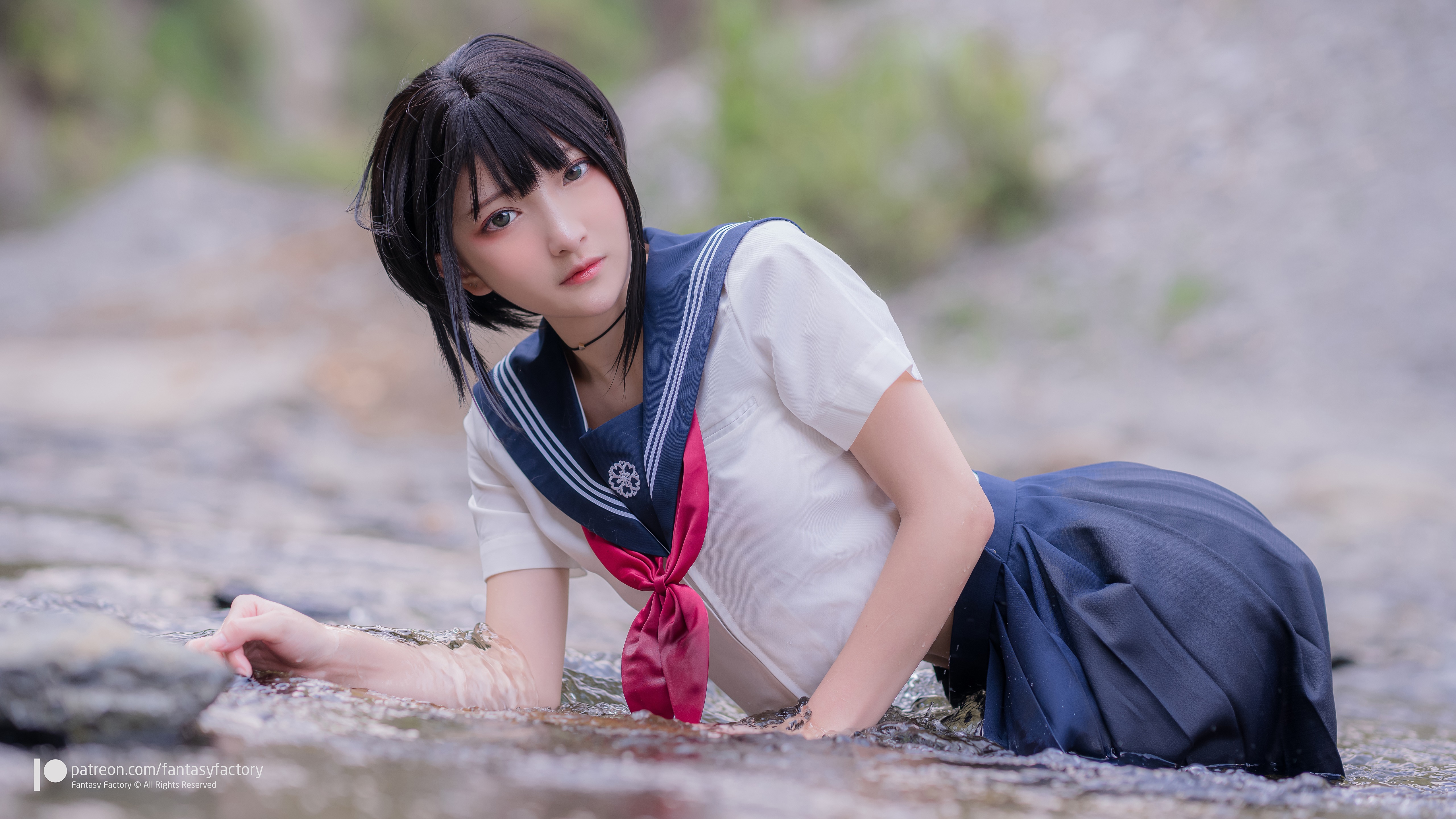 Brunette girl in school uniform in water HD Wallpaper