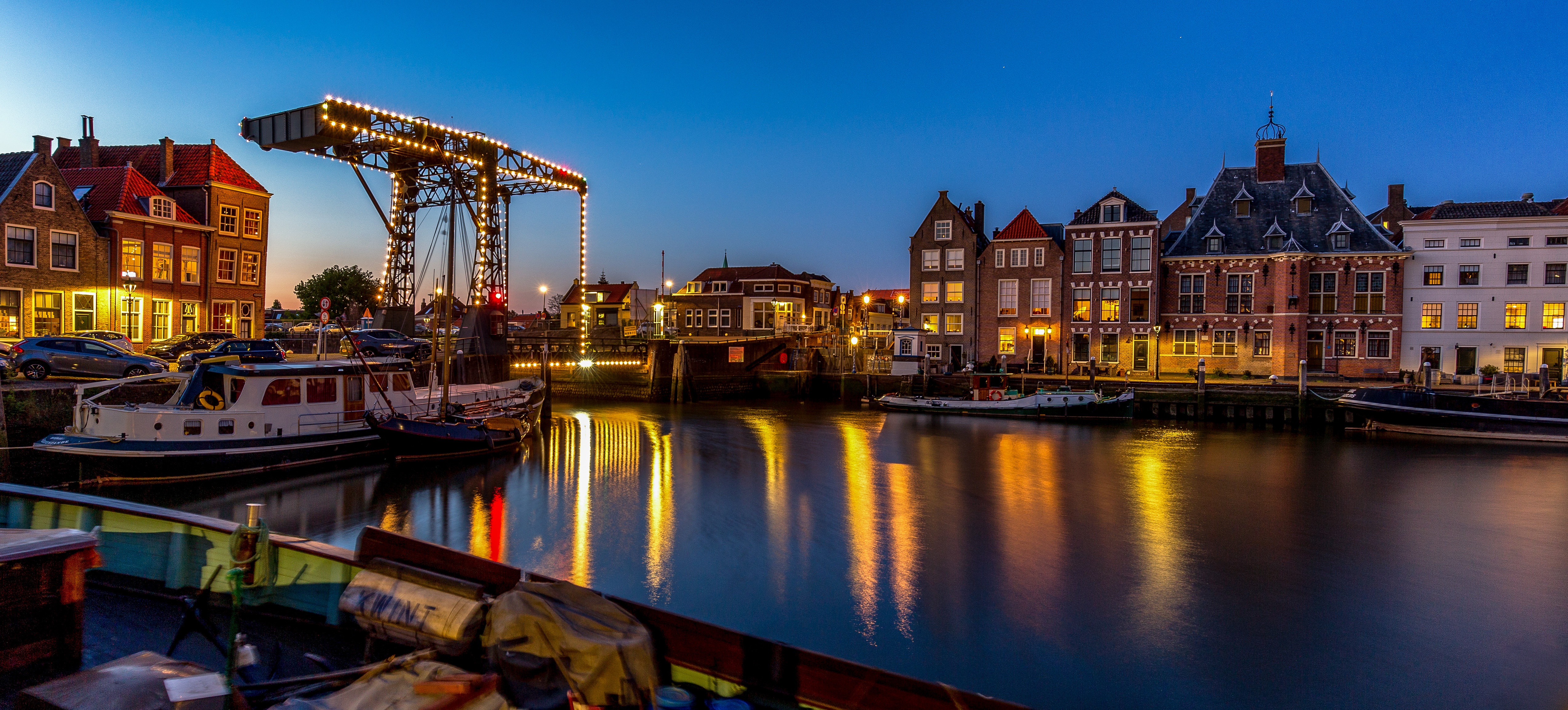 Maassluis Waterfront with Bridge and Boats at Dusk HD Wallpaper