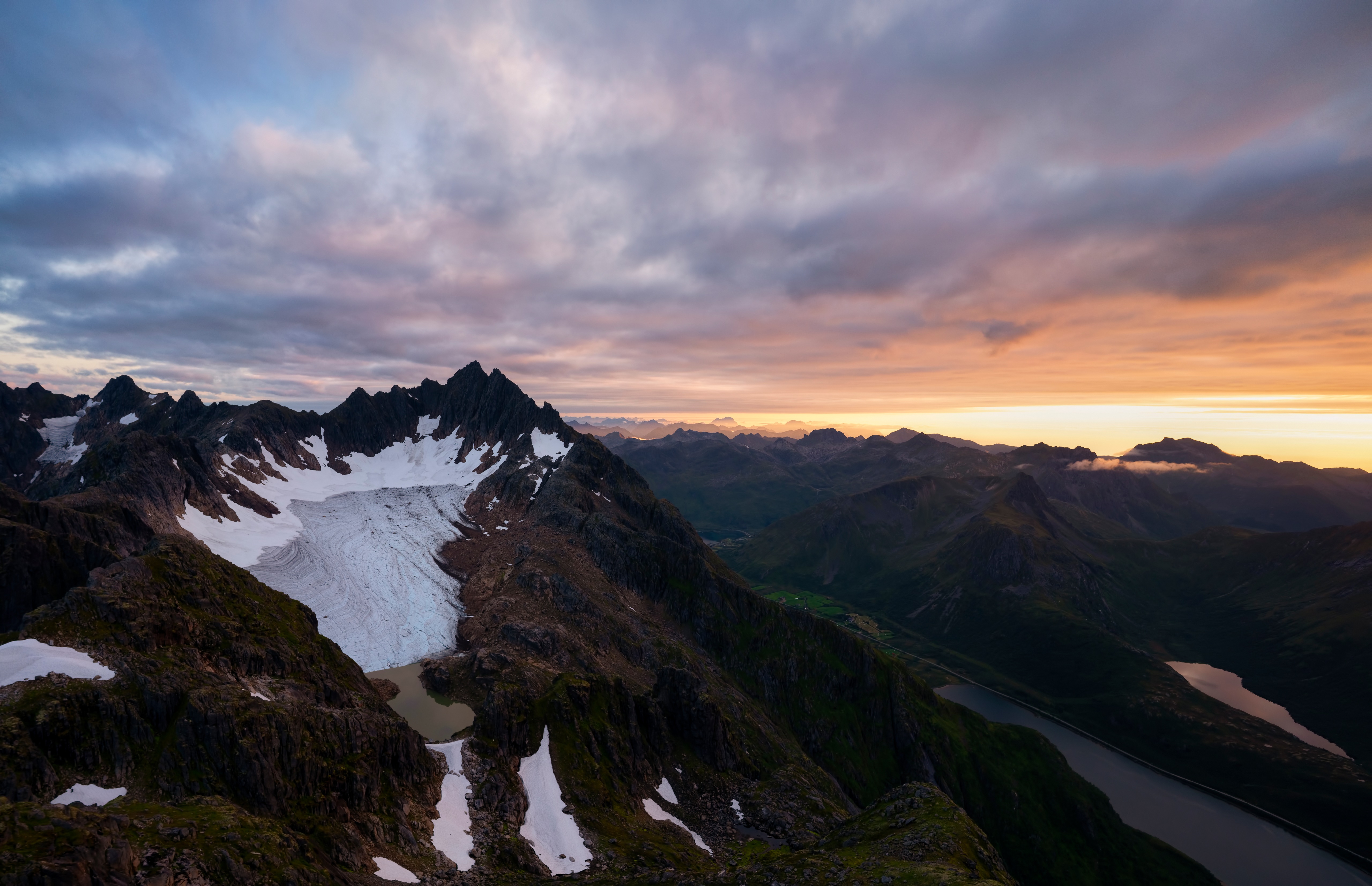 Mountains and glacier in Lofoten, Norway at sunset HD Wallpaper