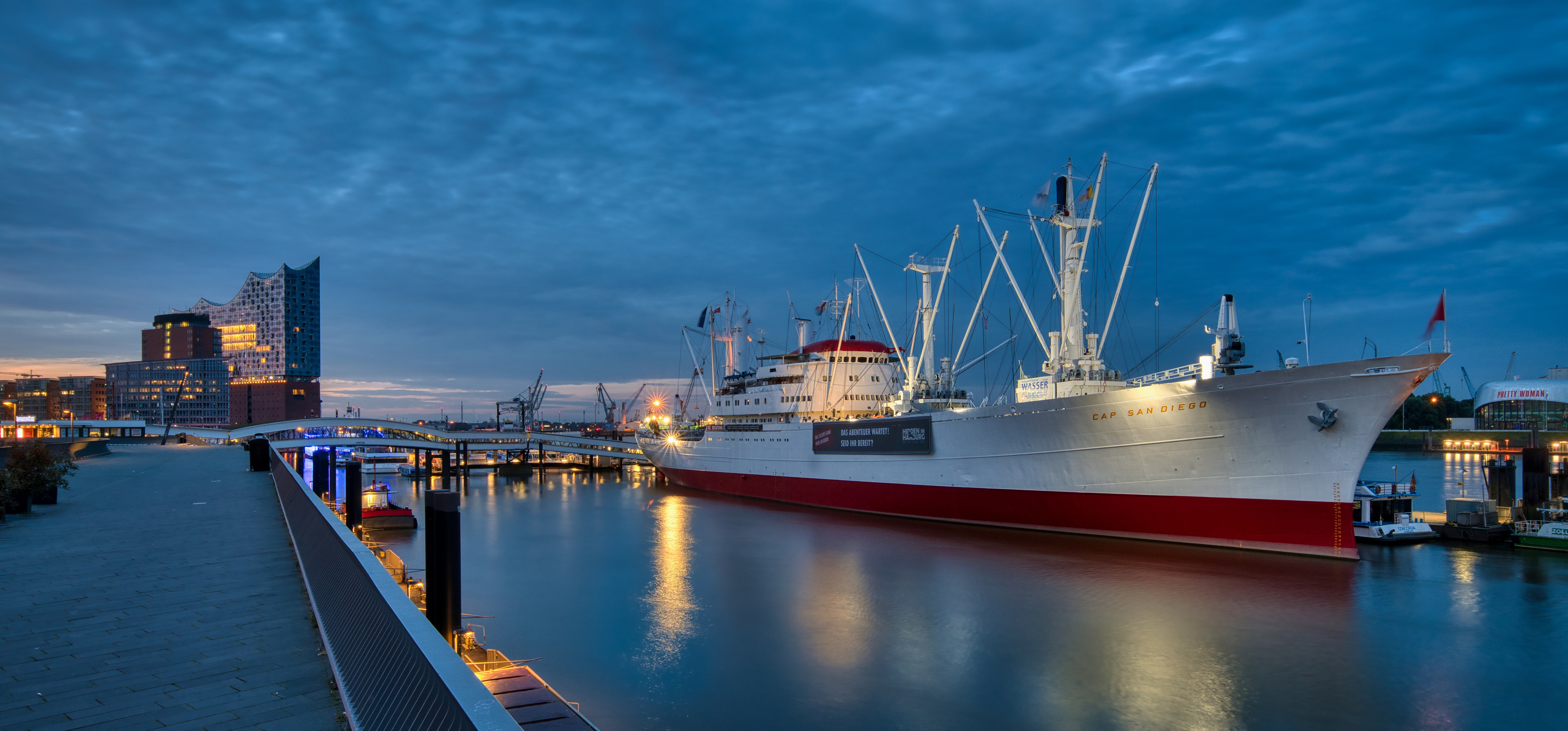 Cap San Diego ship in Hamburg harbor at dusk HD Wallpaper