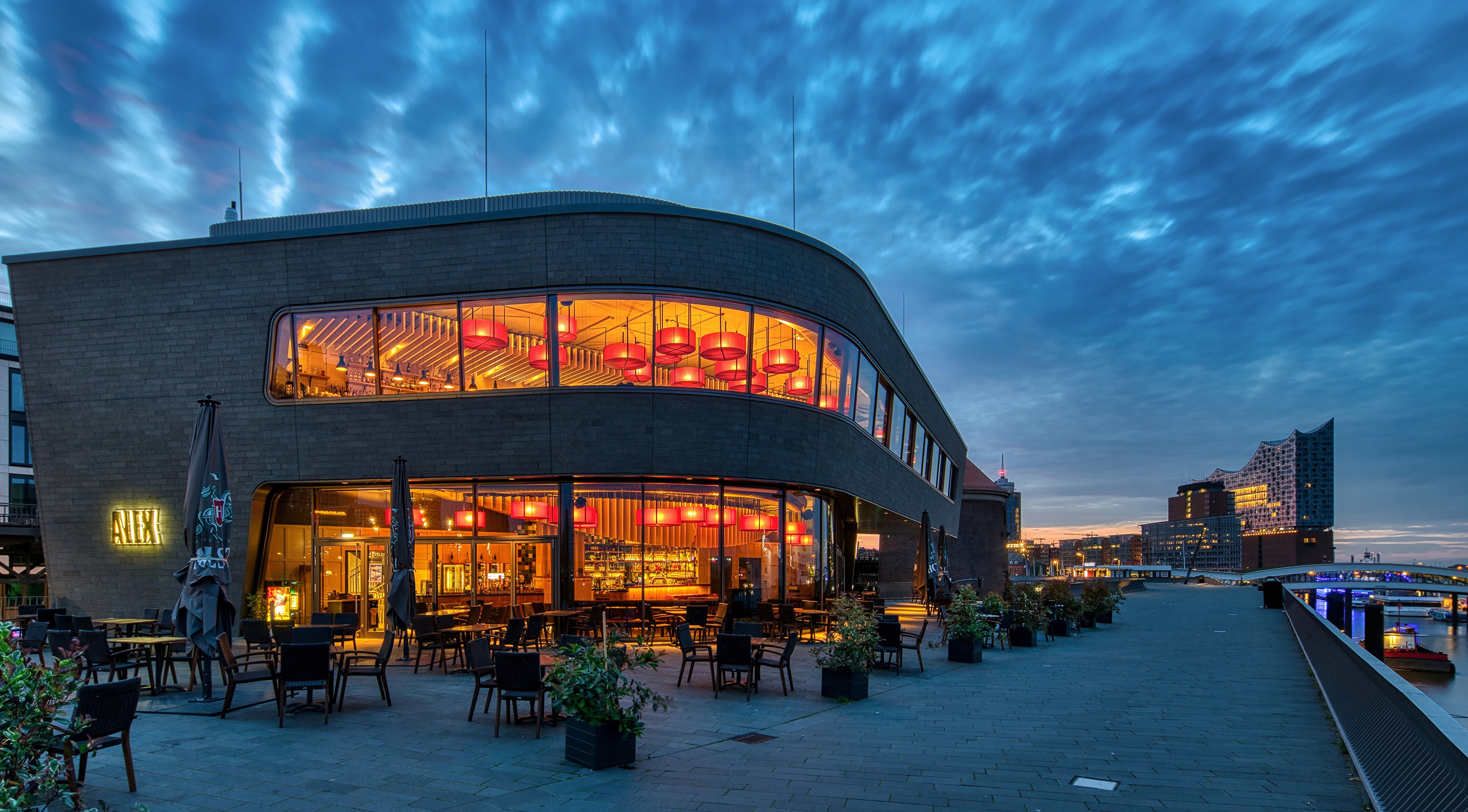 Alex restaurant in Hamburg harbor at dusk HD Wallpaper