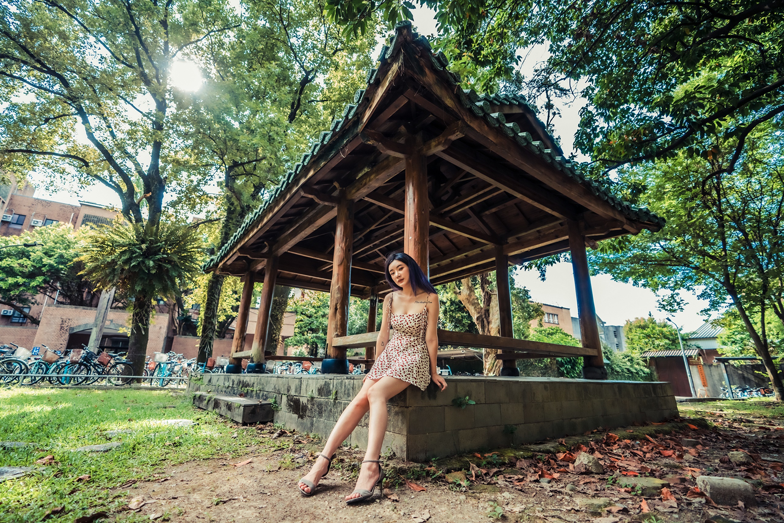 Woman in leopard print dress sitting by a gazebo HD Wallpaper
