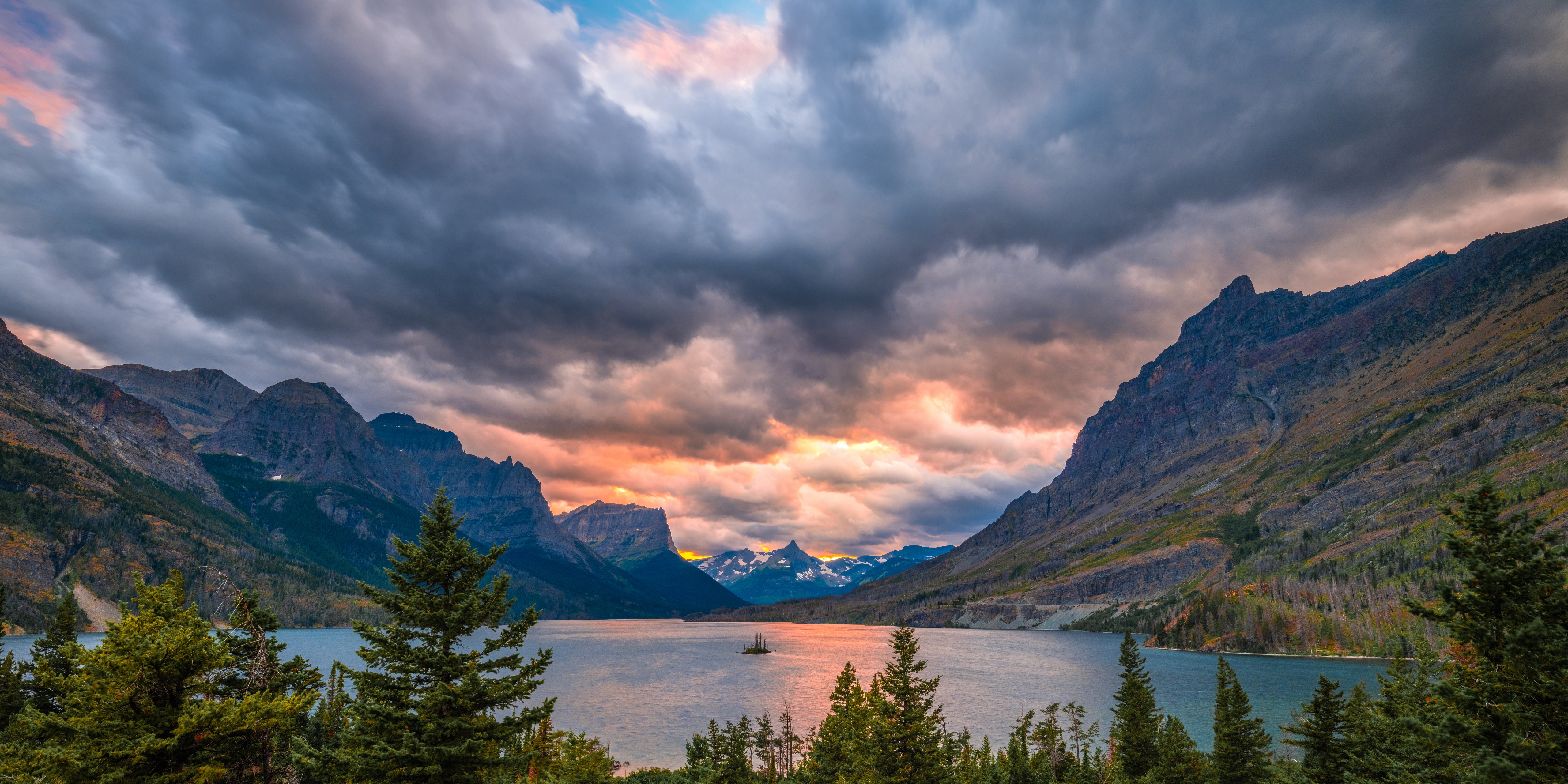 Glacier National Park Lake with Mountains and Clouds HD Wallpaper