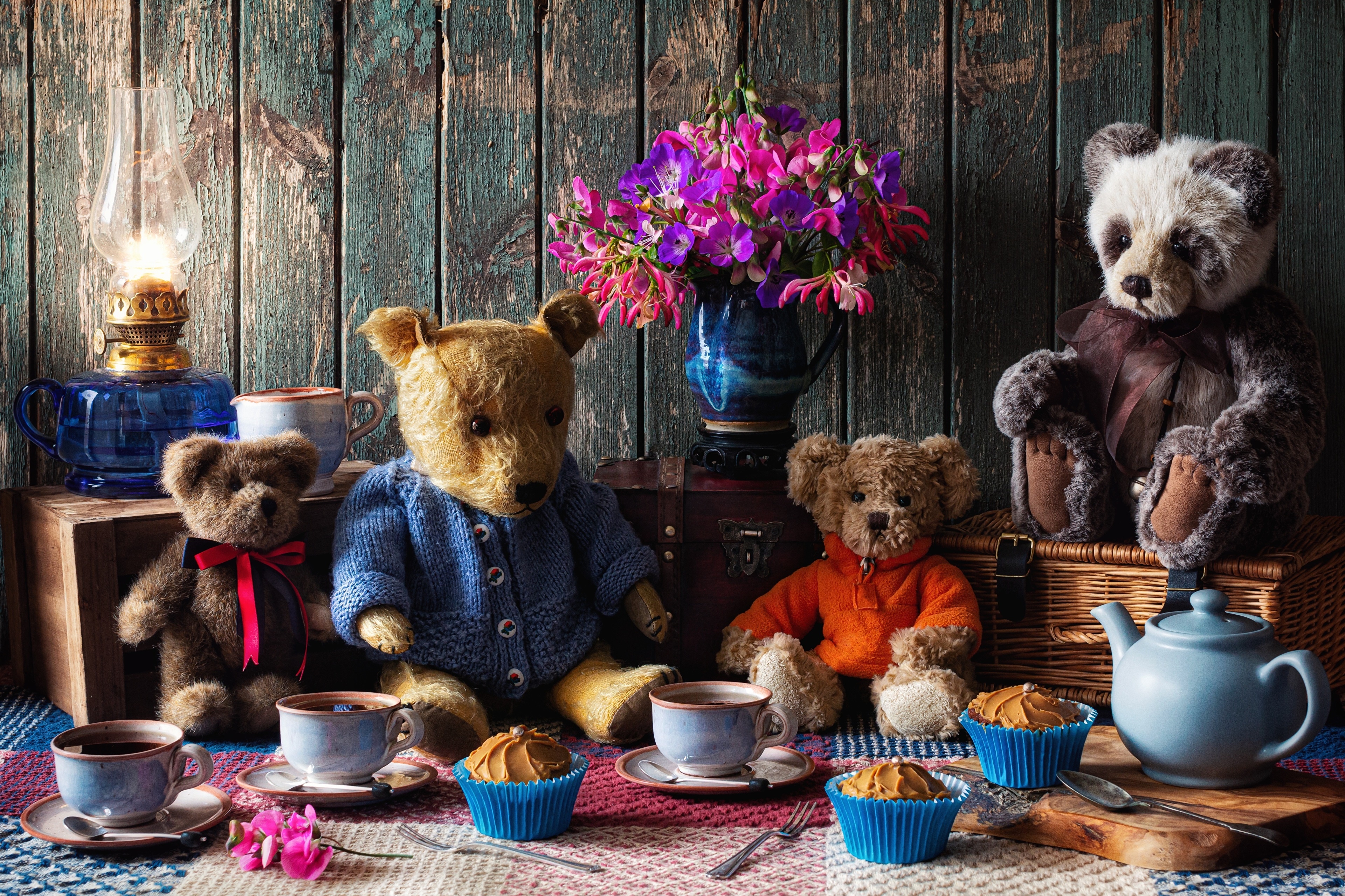 Teddy bears having a tea party with cupcakes HD Wallpaper