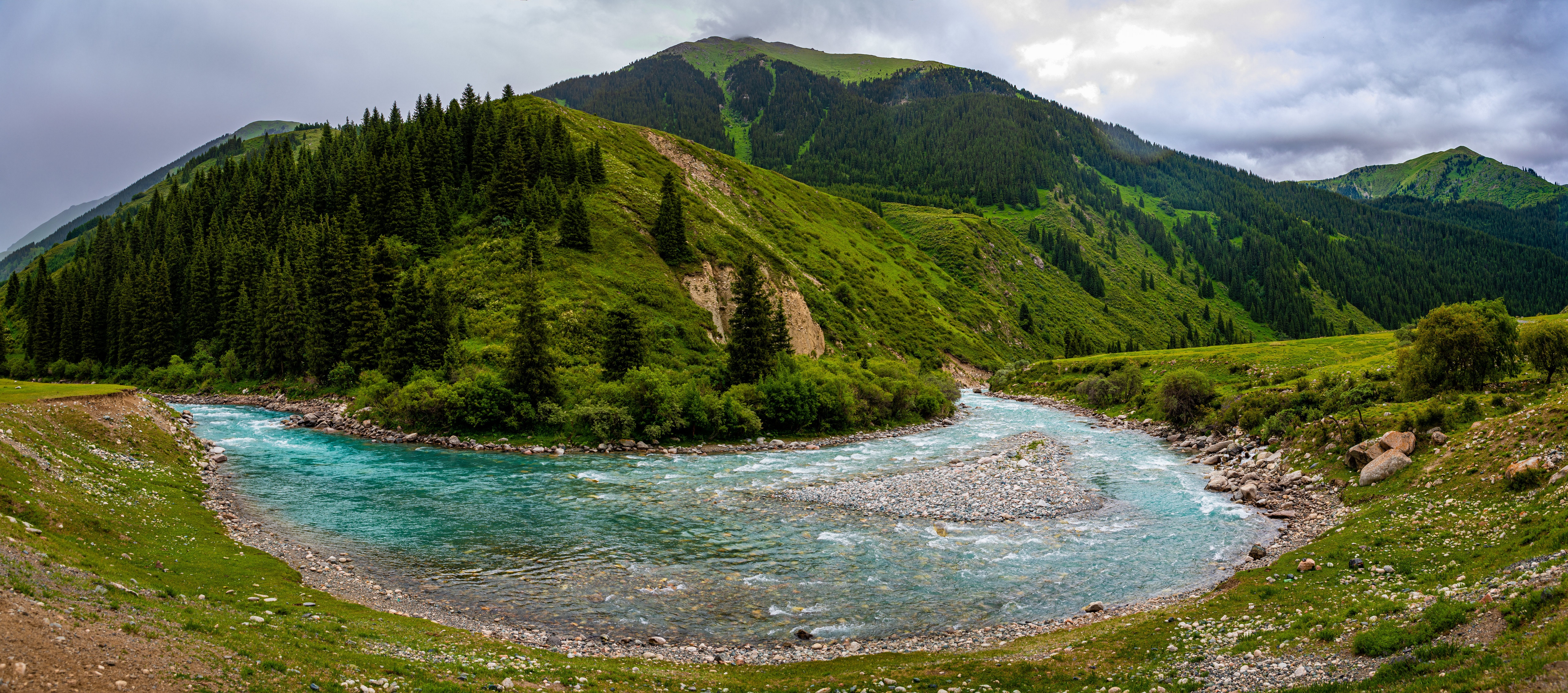 Panorama of a river flowing through mountains in Kyrgyzstan HD Wallpaper