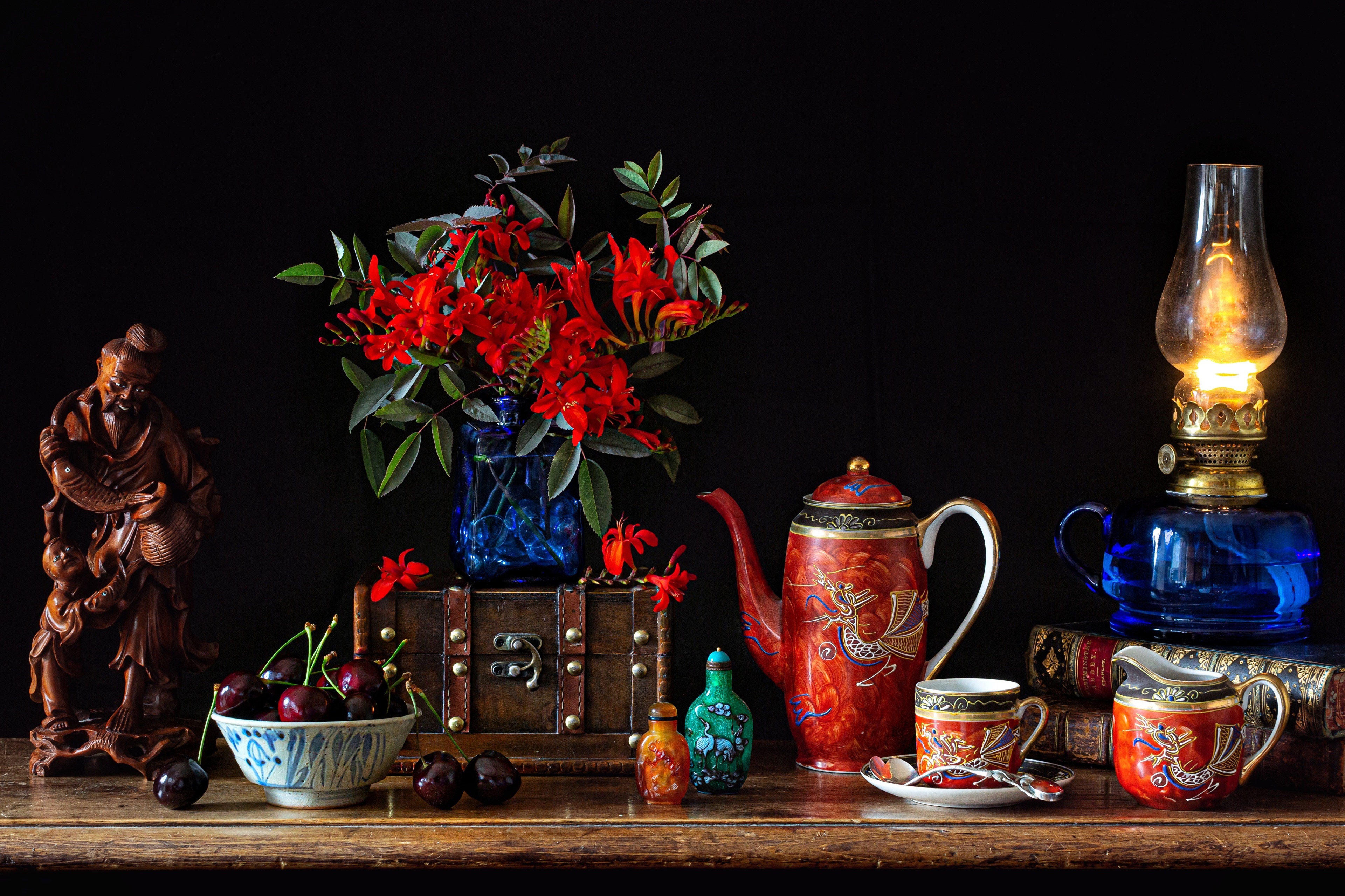 Still-life with cherries, flowers, and Asian ceramics HD Wallpaper