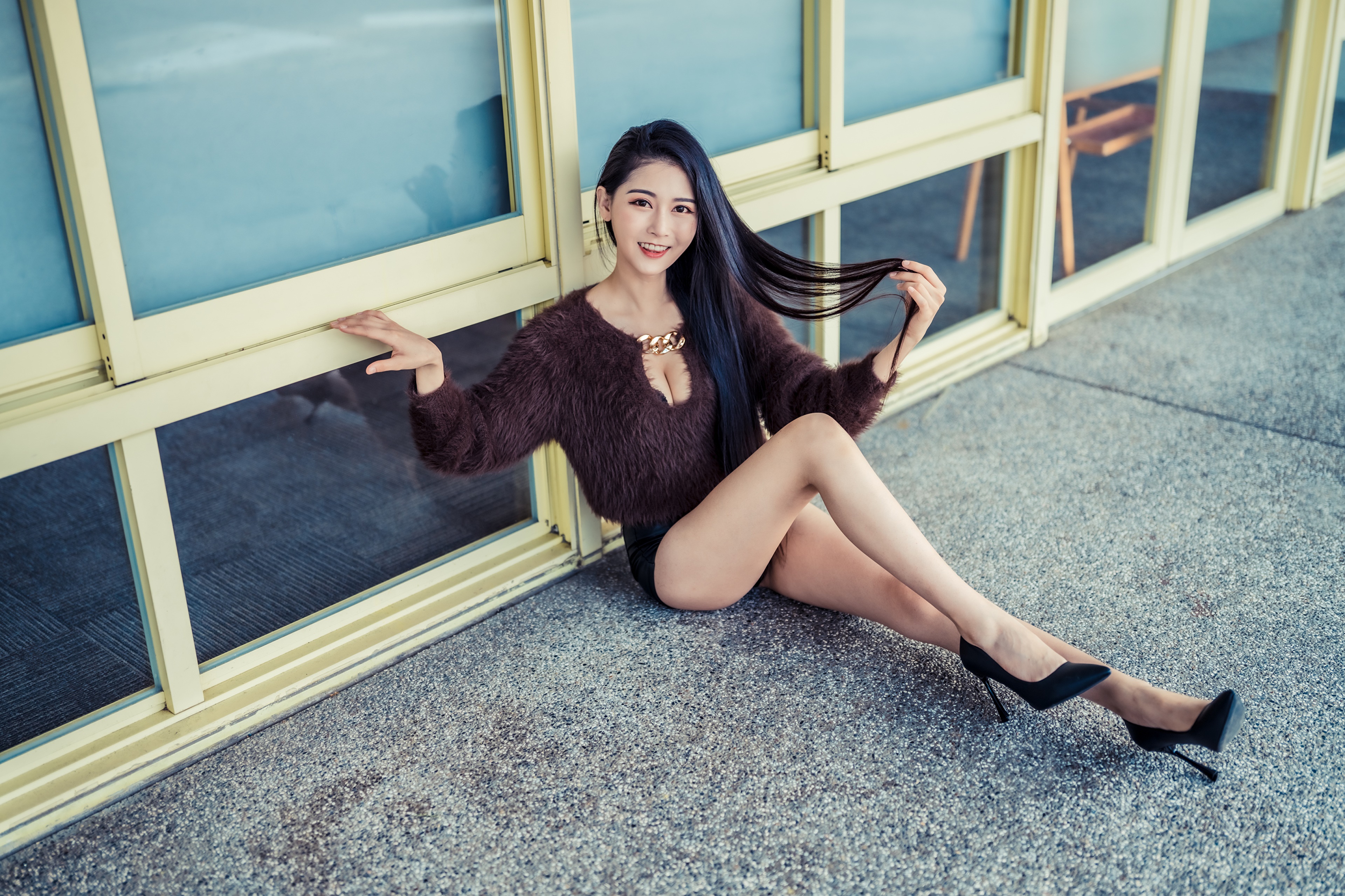 Asian Brunette Girl Sitting by Windows HD Wallpaper