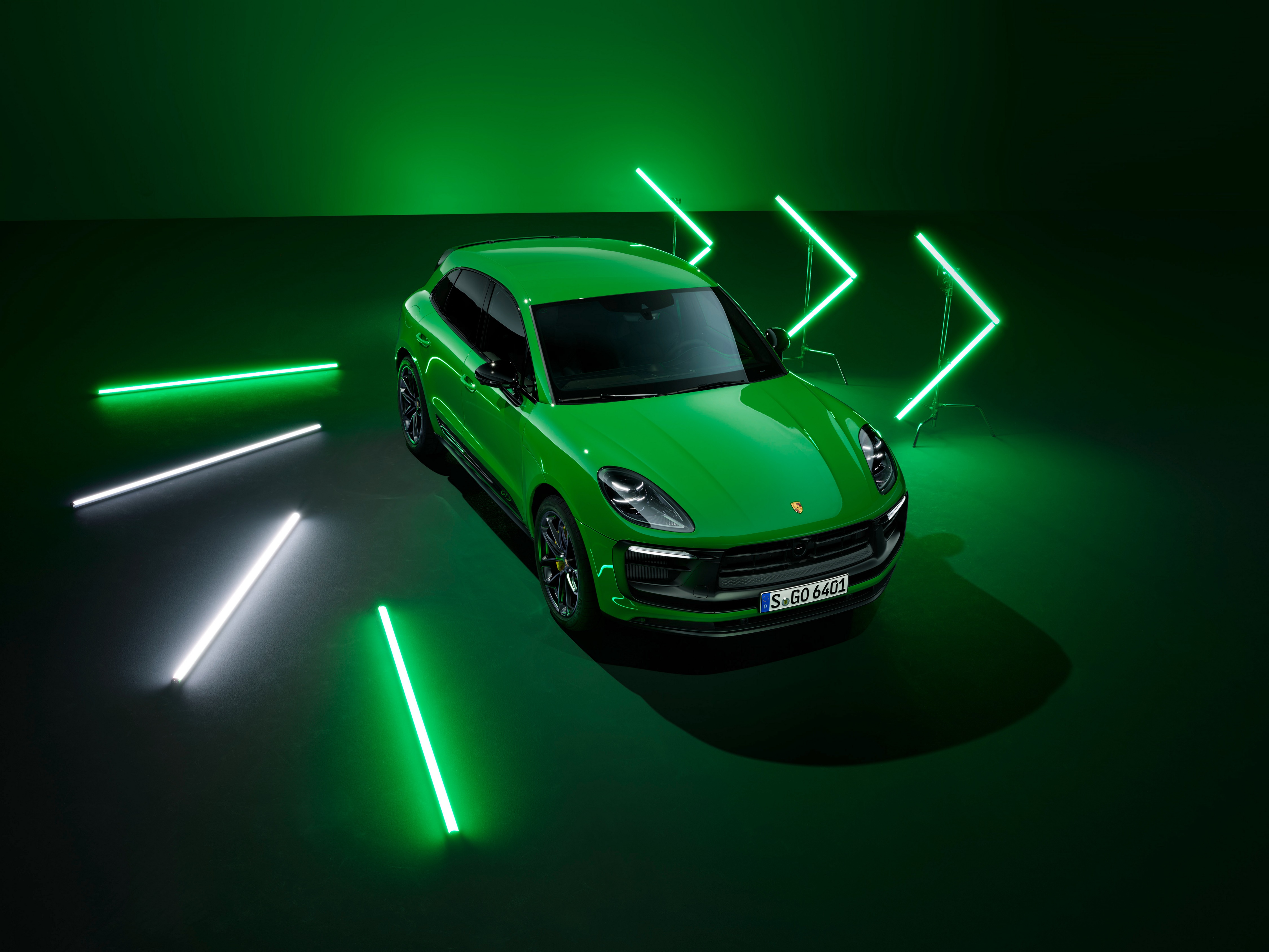 Green Porsche Macan GTS Sport Package with neon lights HD Wallpaper