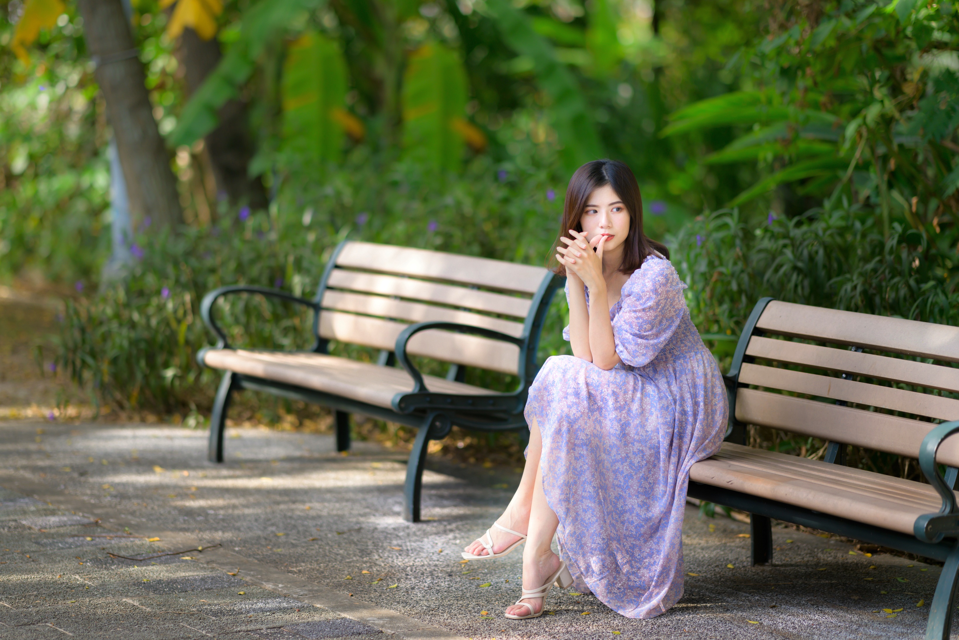 Asian woman in a purple dress sitting on a park bench HD Wallpaper