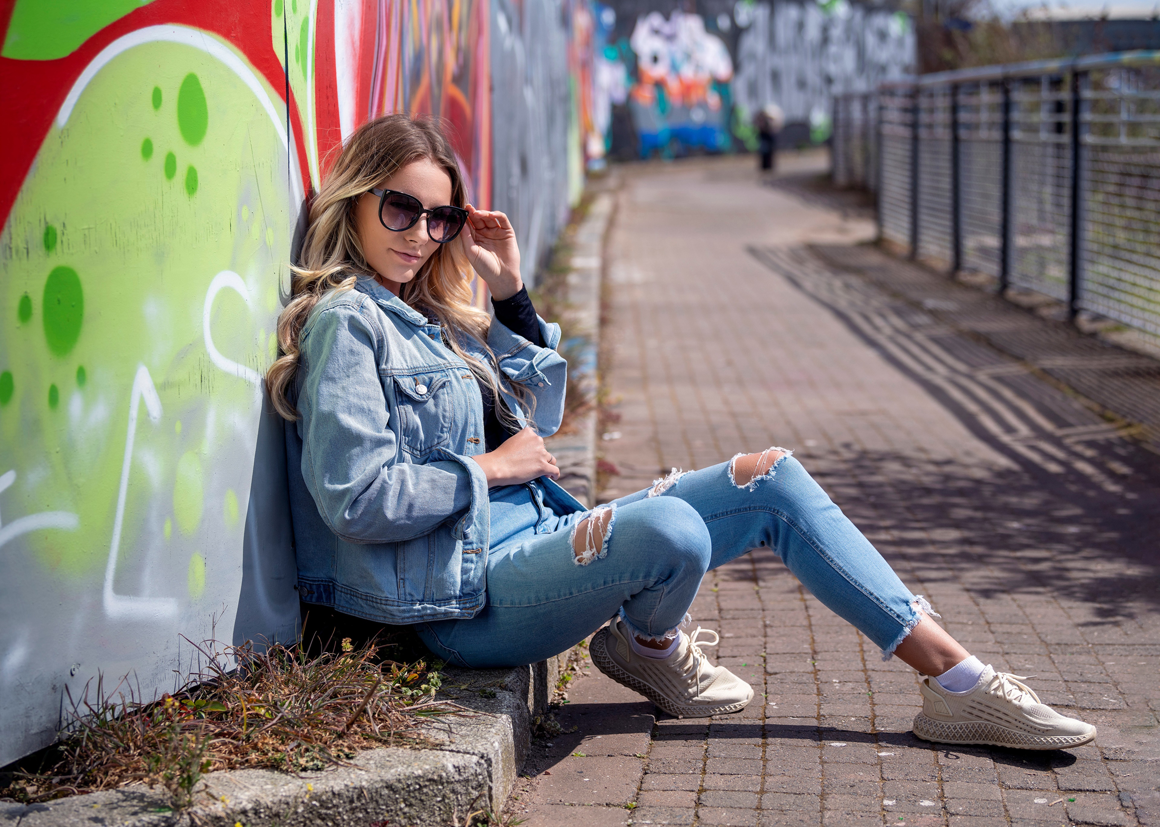 Woman in Denim Jacket and Ripped Jeans HD Wallpaper