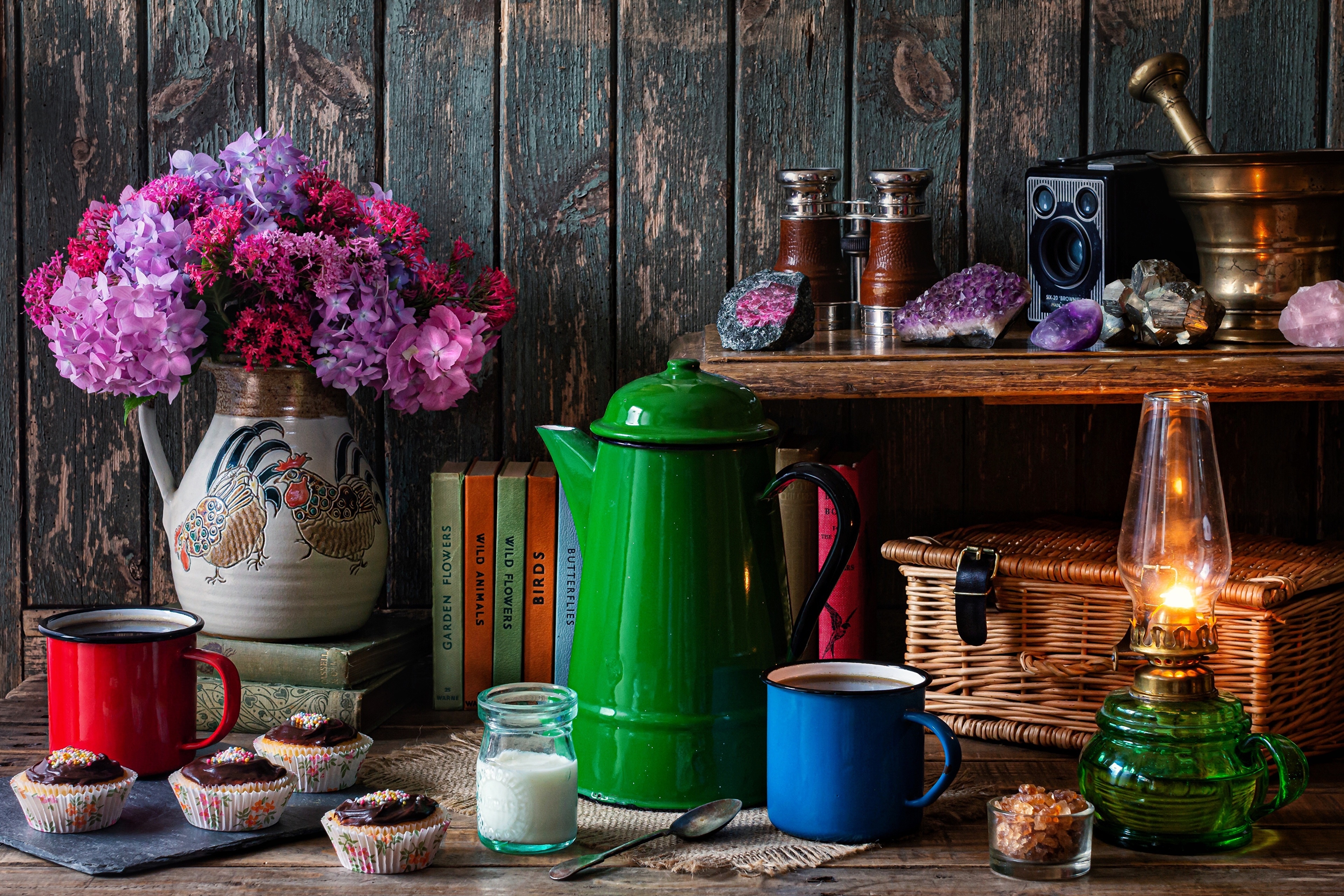 Still-life with flowers, coffee, and cupcakes HD Wallpaper