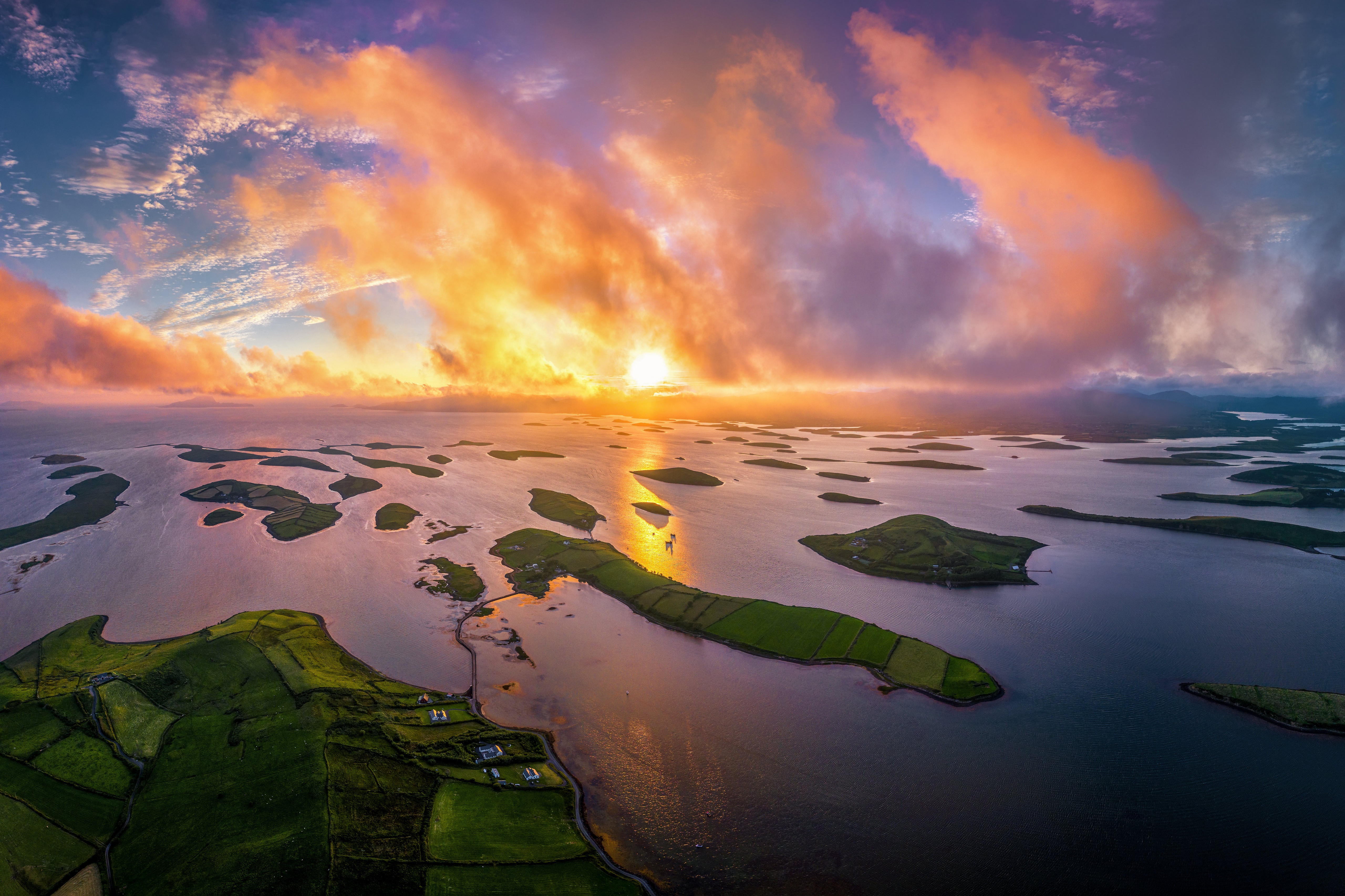 Sunrise over islands near Westport, Ireland from above HD Wallpaper