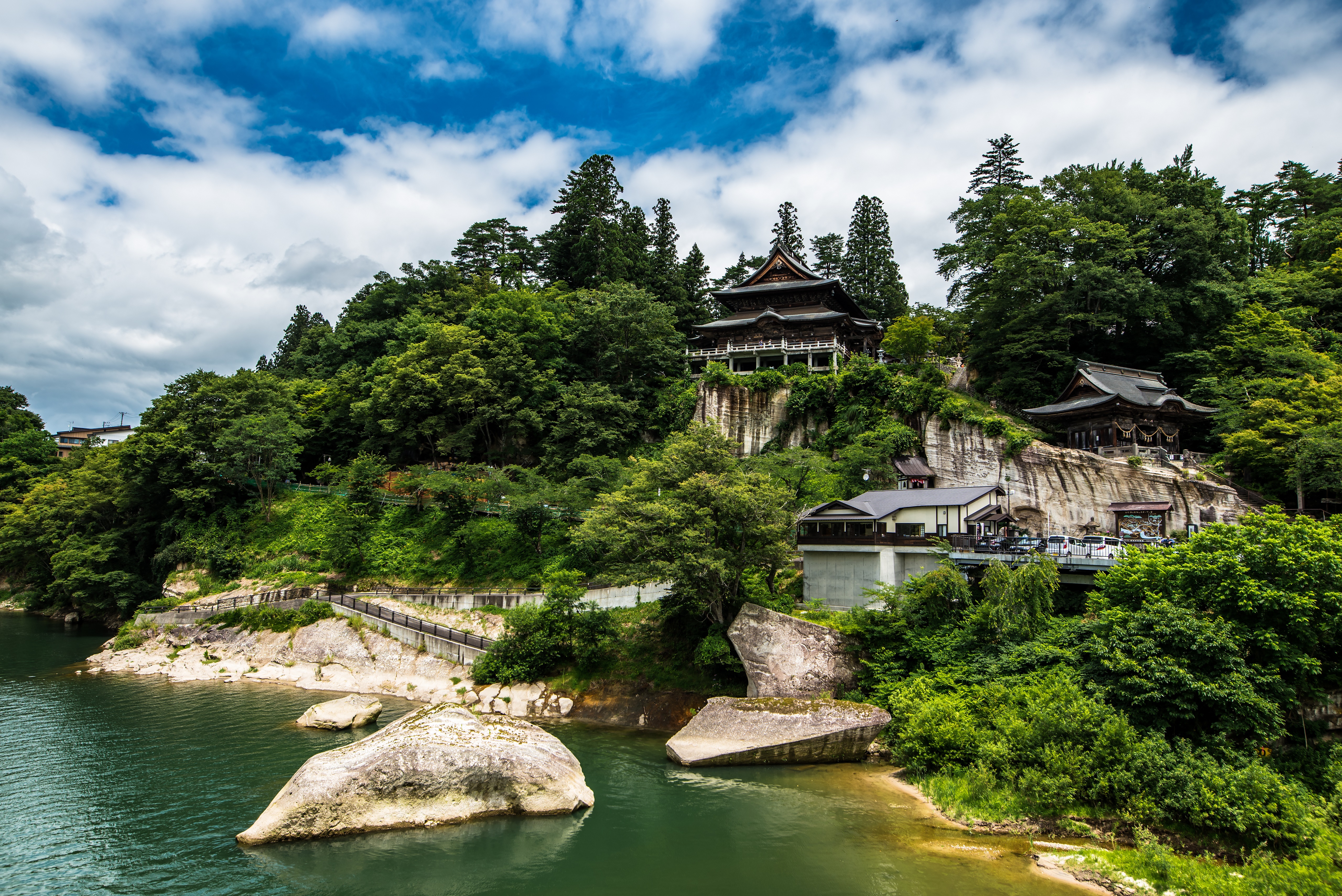 Temples on a cliffside in Tohoku, Japan HD Wallpaper