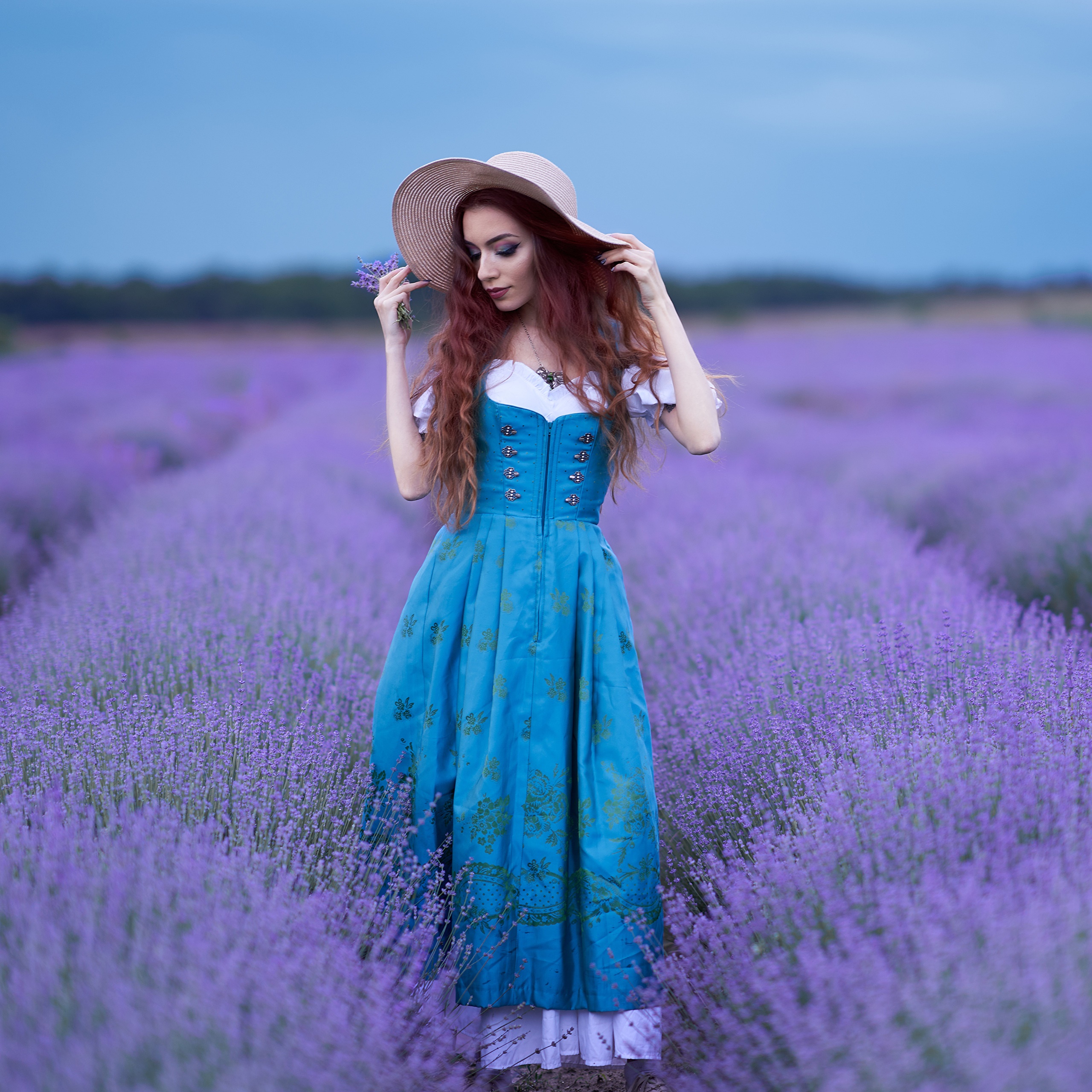 Woman in blue dress and hat in lavender field HD Wallpaper