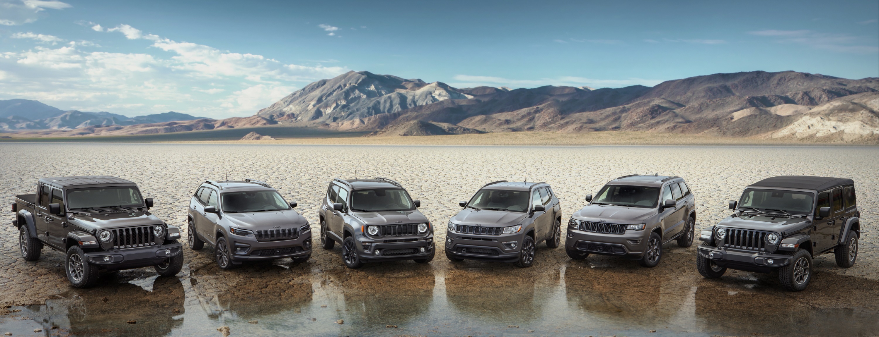 Jeep lineup including Wrangler, Gladiator, Cherokee, Compass, Renegade HD Wallpaper