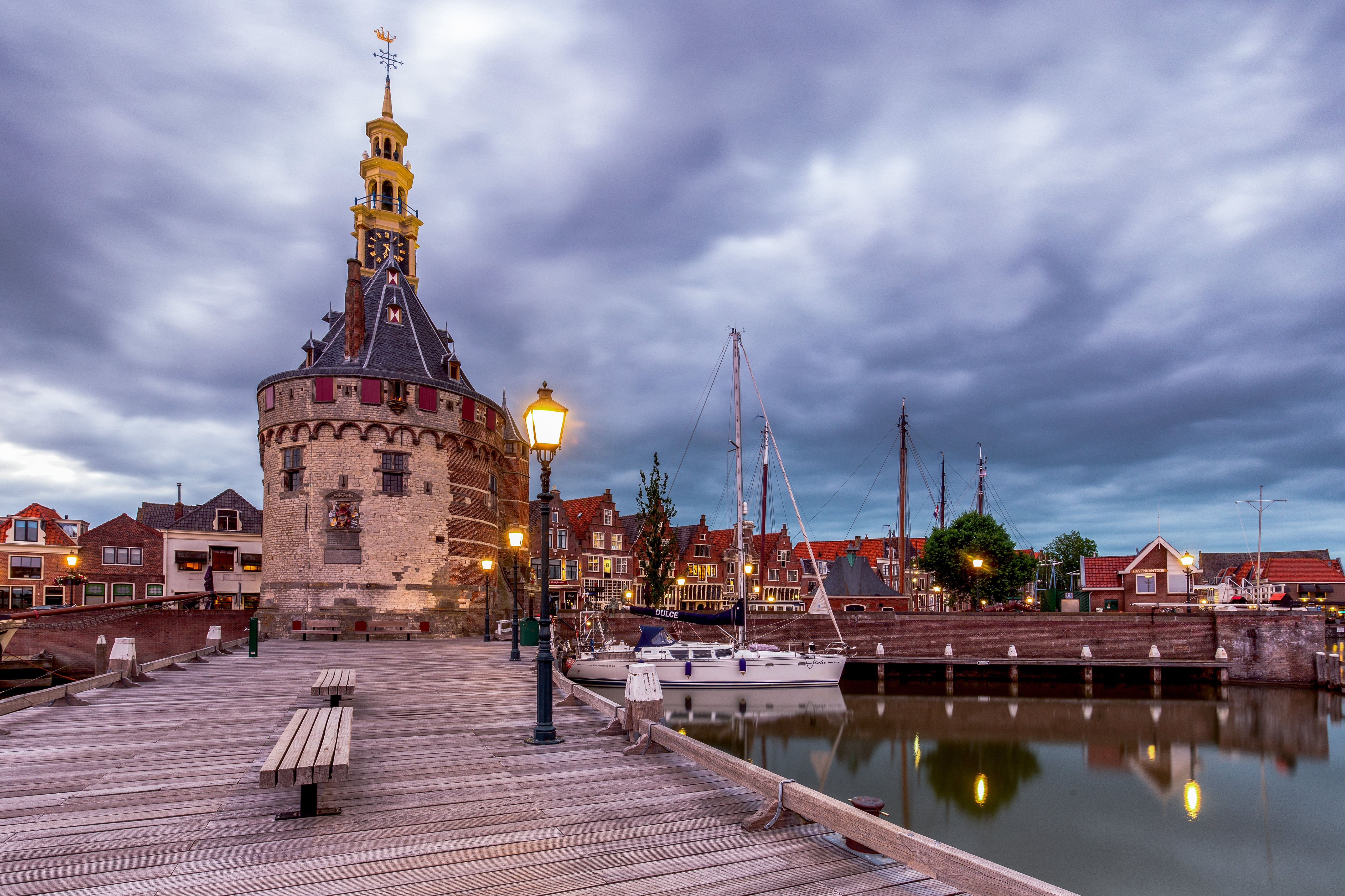 Hoorn, Netherlands: Tower, Marina, and Waterfront Buildings HD Wallpaper