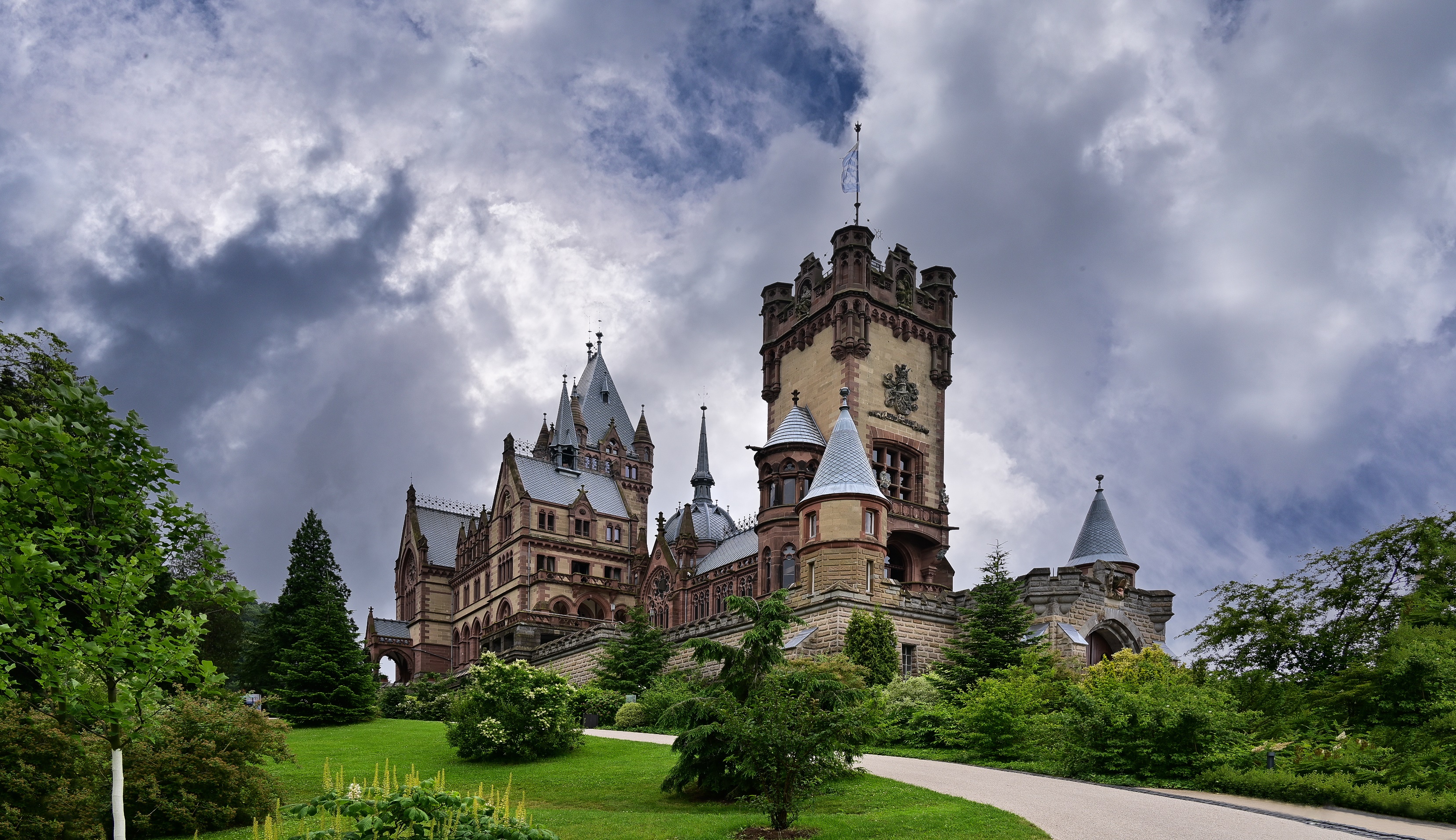 Schloss Drachenburg castle with towers under cloudy sky HD Wallpaper