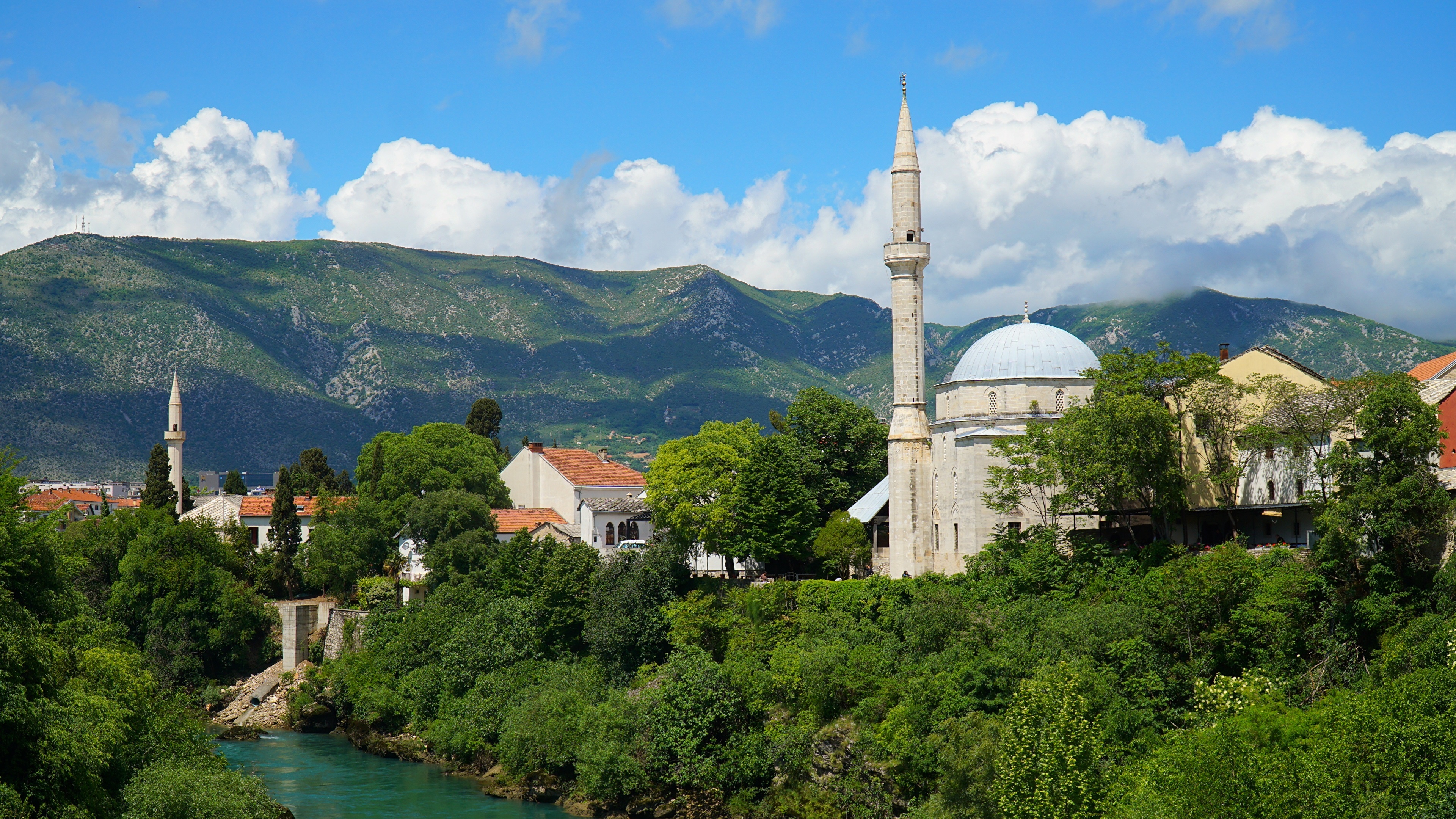 Mostar Mosque and Neretva River, Bosnia and Herzegovina HD Wallpaper