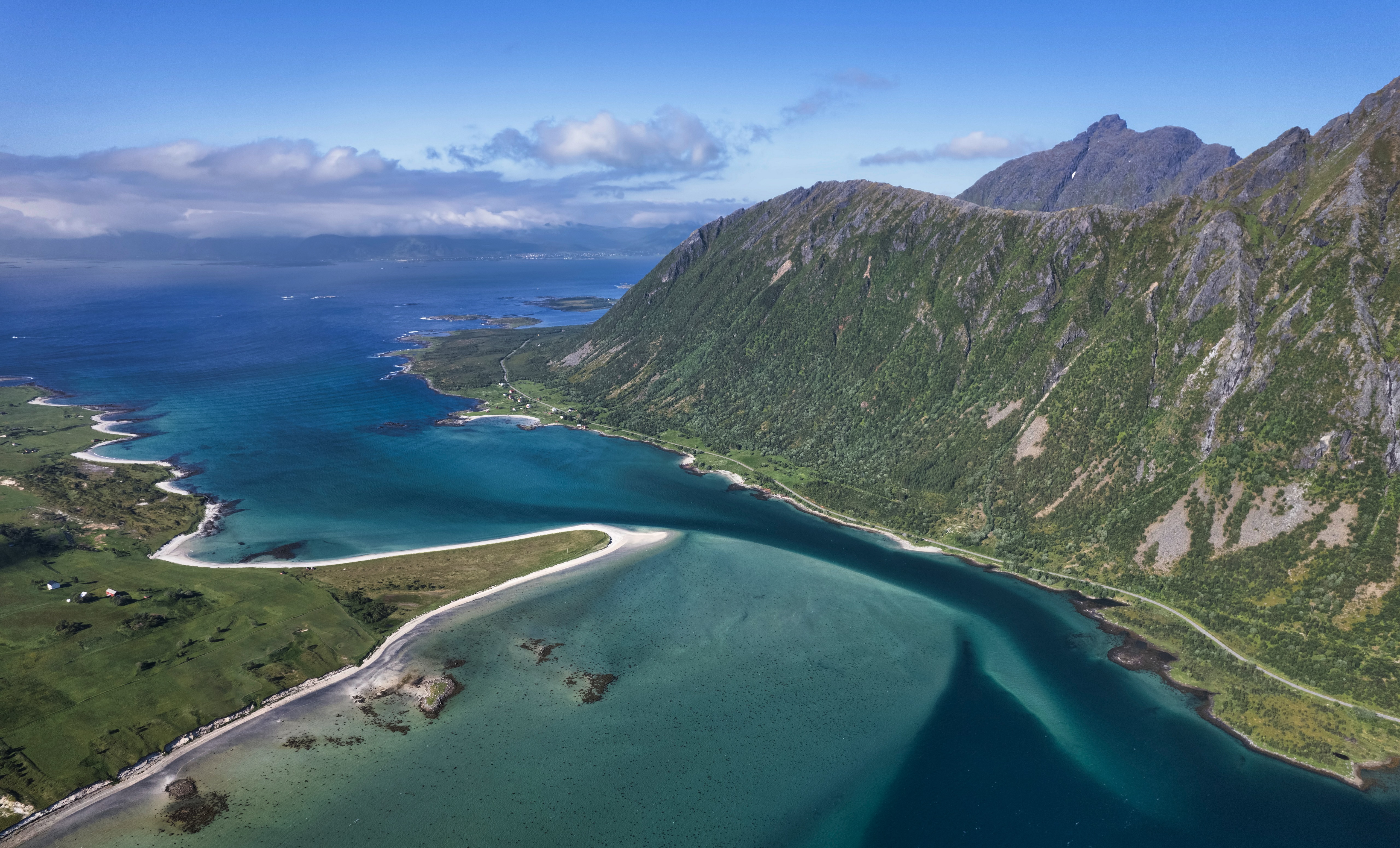 Morfjord, Lofoten, Norway: Mountains and Fjord from Above HD Wallpaper