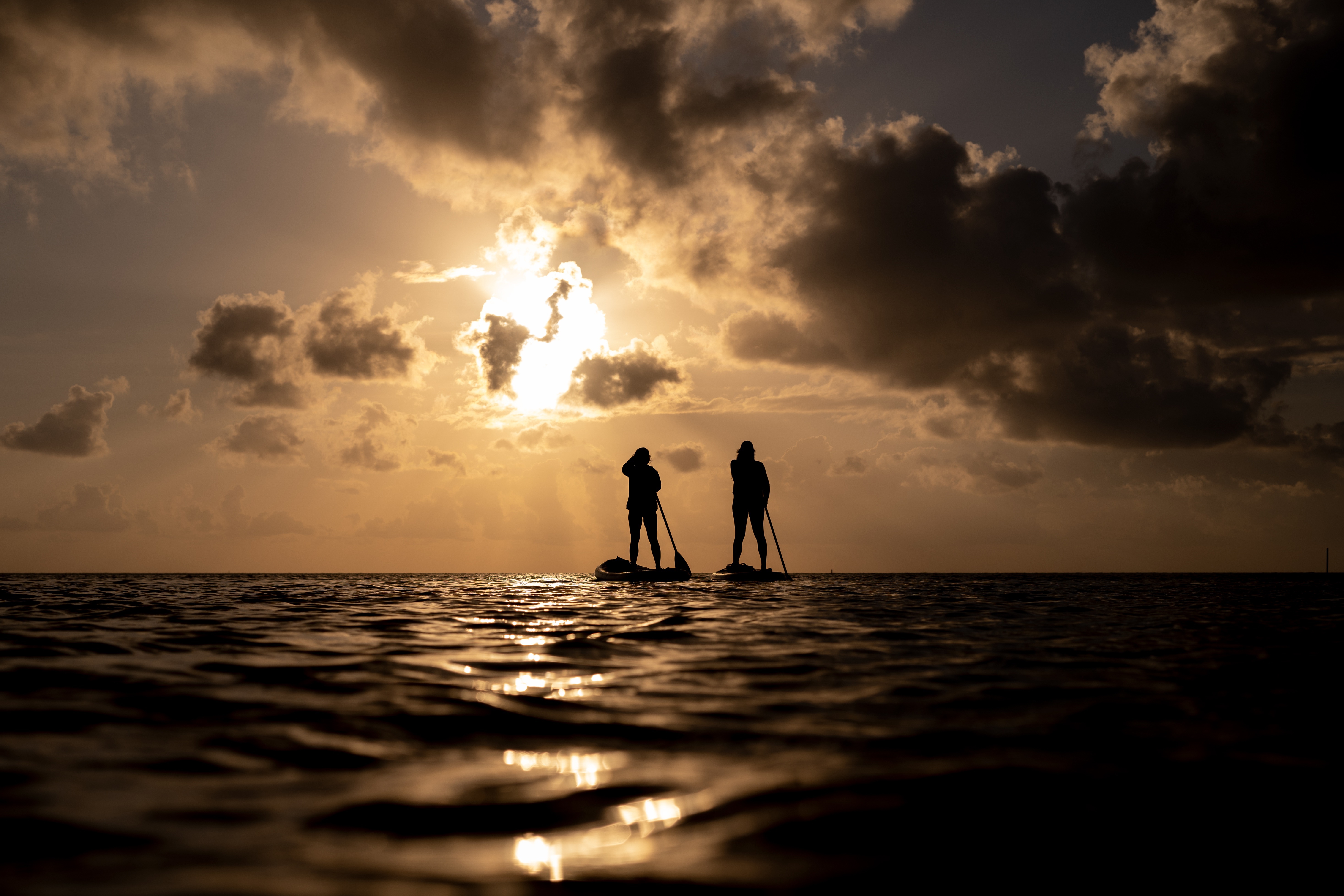 Two Silhouettes Paddleboarding at Sunset HD Wallpaper
