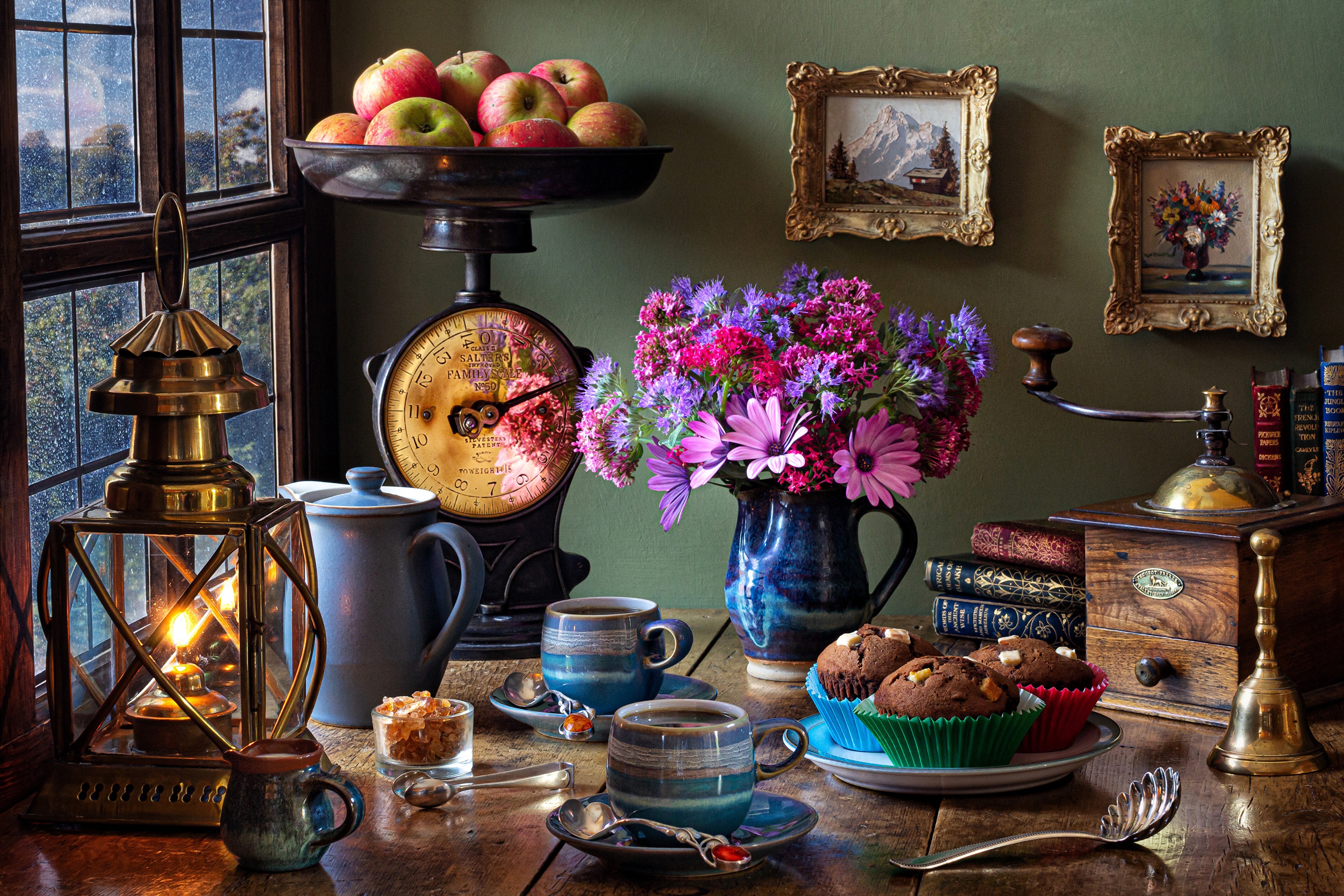 Still-life with apples, coffee, cupcakes, and flowers HD Wallpaper