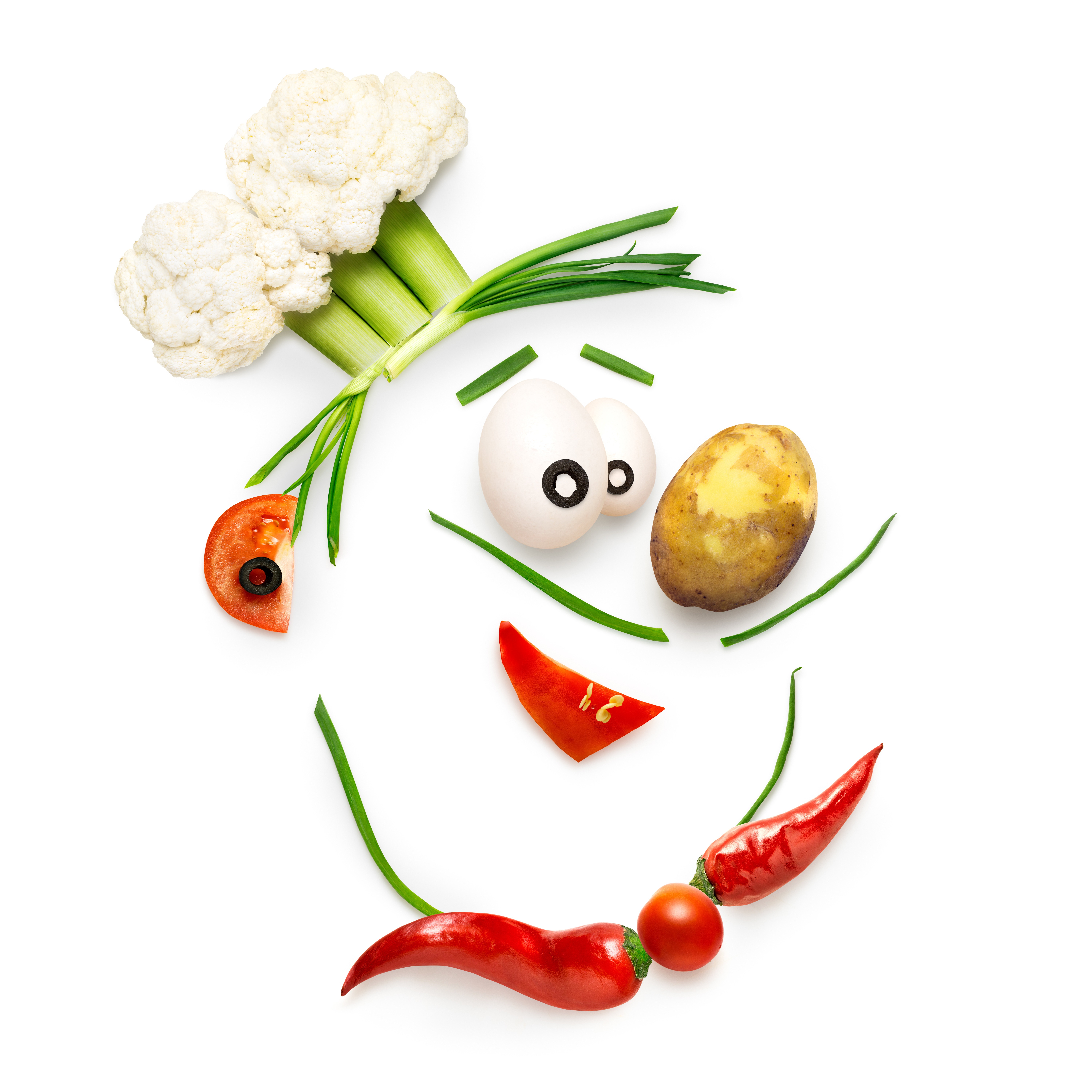 Vegetable face with cauliflower, eggs, potato, and chili peppers HD Wallpaper