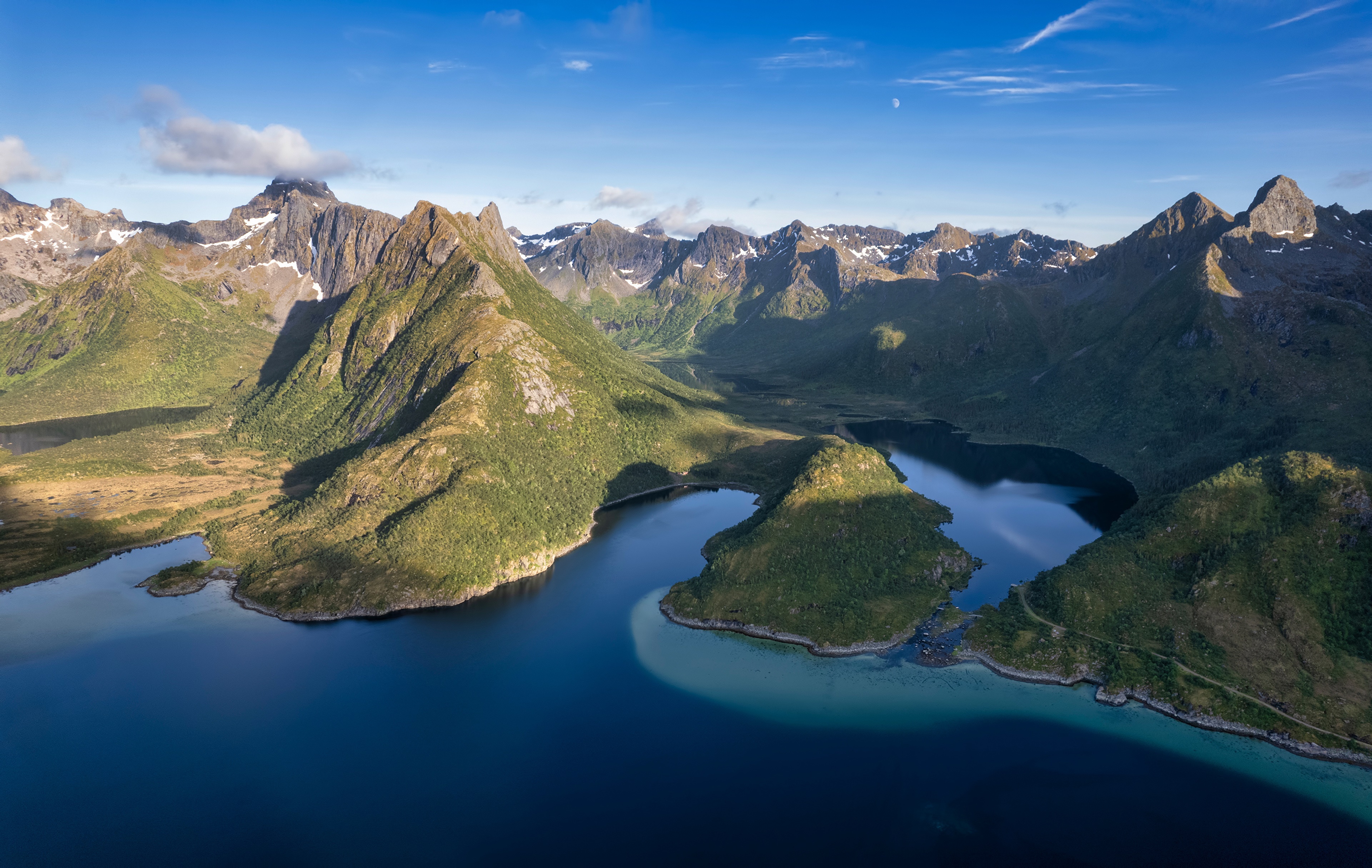 4K Norway Mountains Lofoten Fjord Aerial View HD Wallpaper