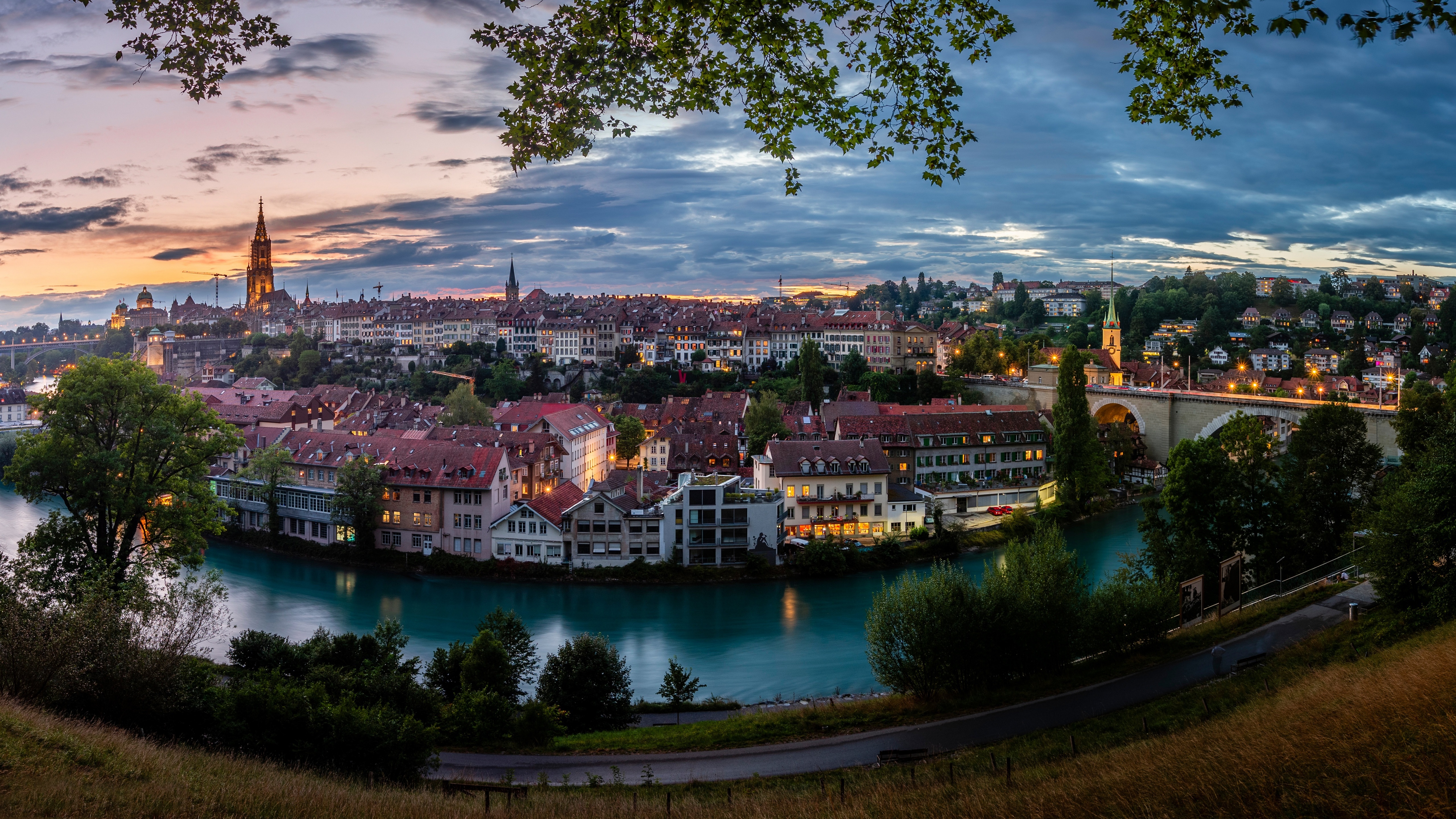 Bern, Switzerland Panorama with Aare River and Bridge HD Wallpaper