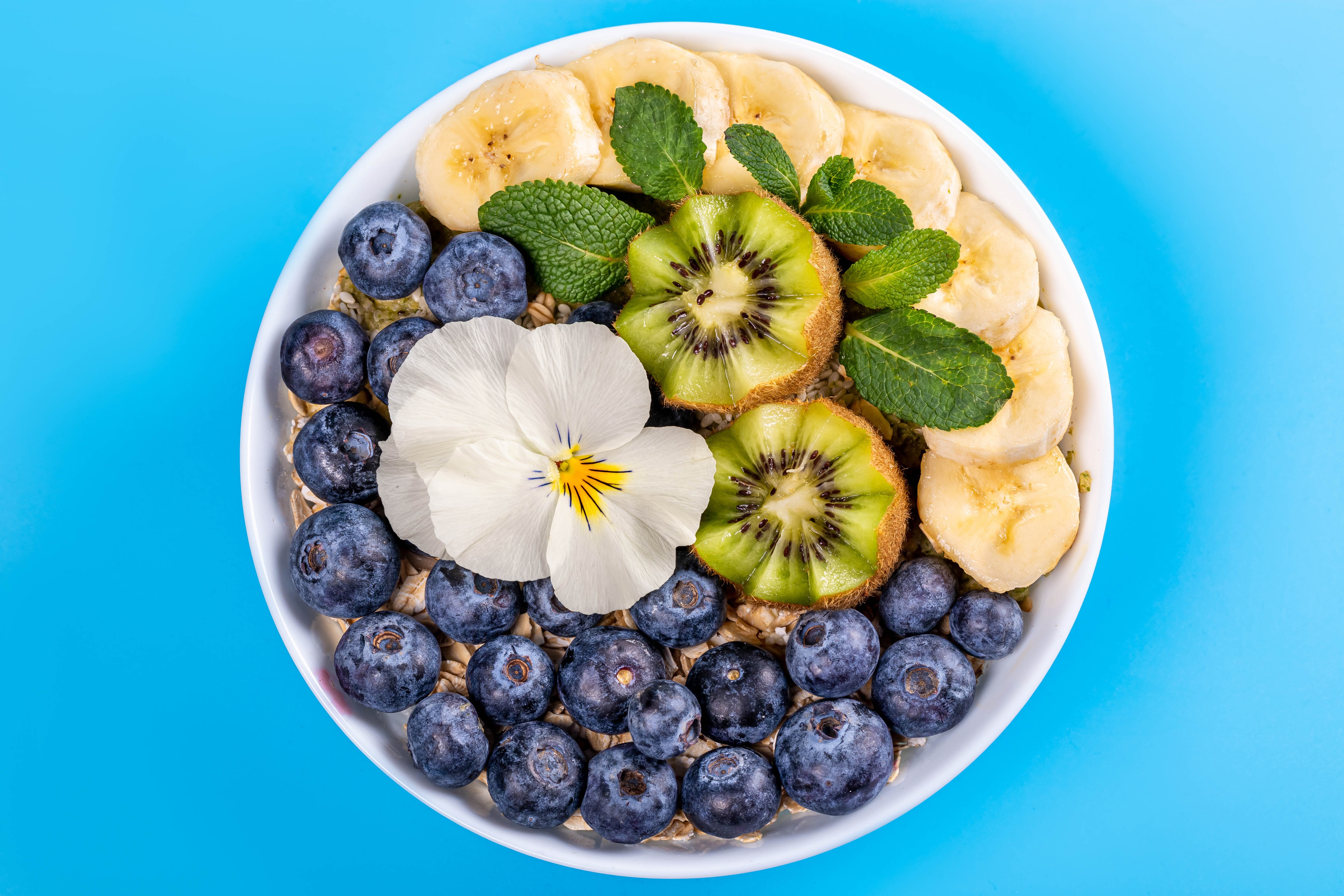 Muesli with Blueberries, Bananas, Kiwi, and Flower HD Wallpaper