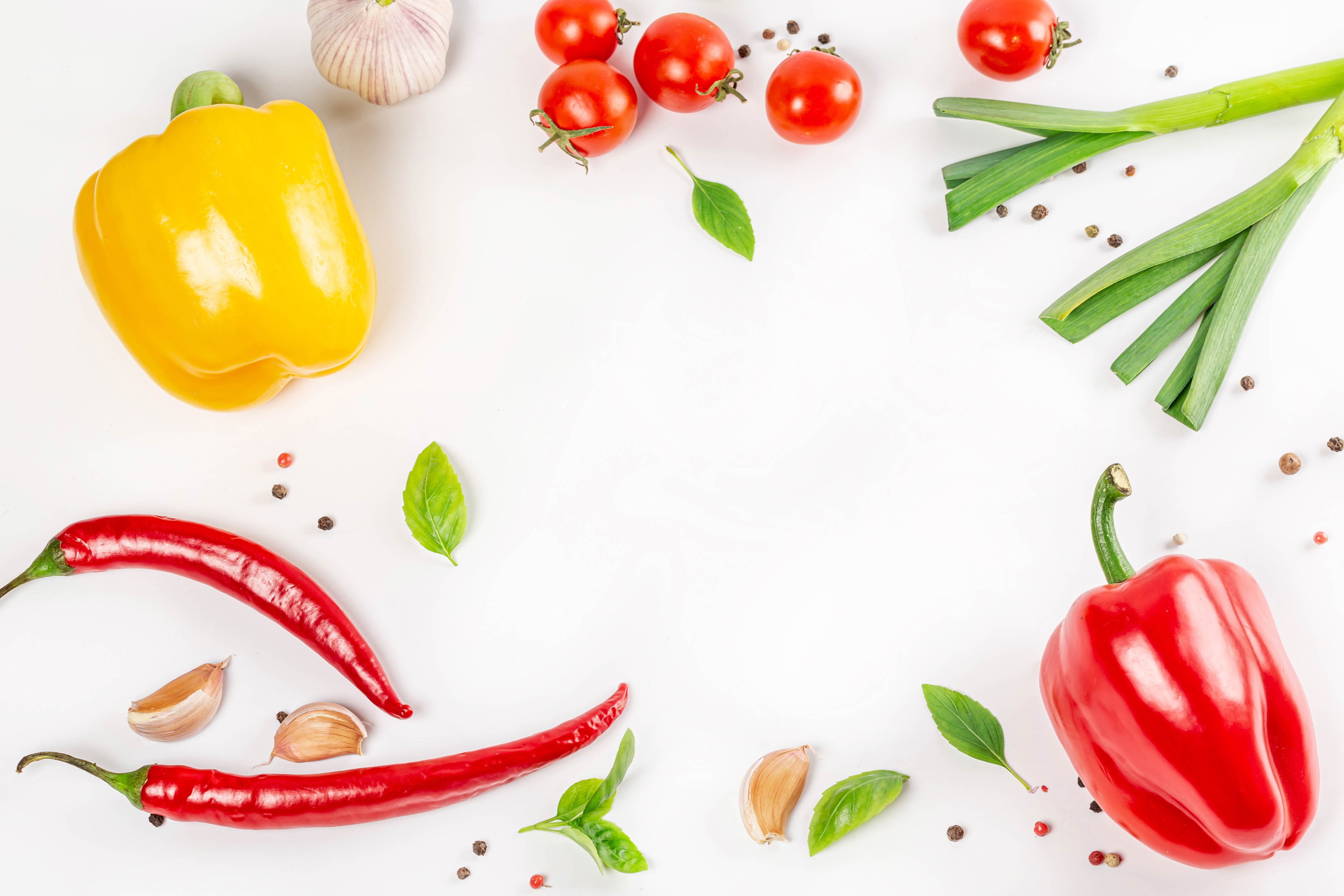 Vegetables and spices on a white background HD Wallpaper
