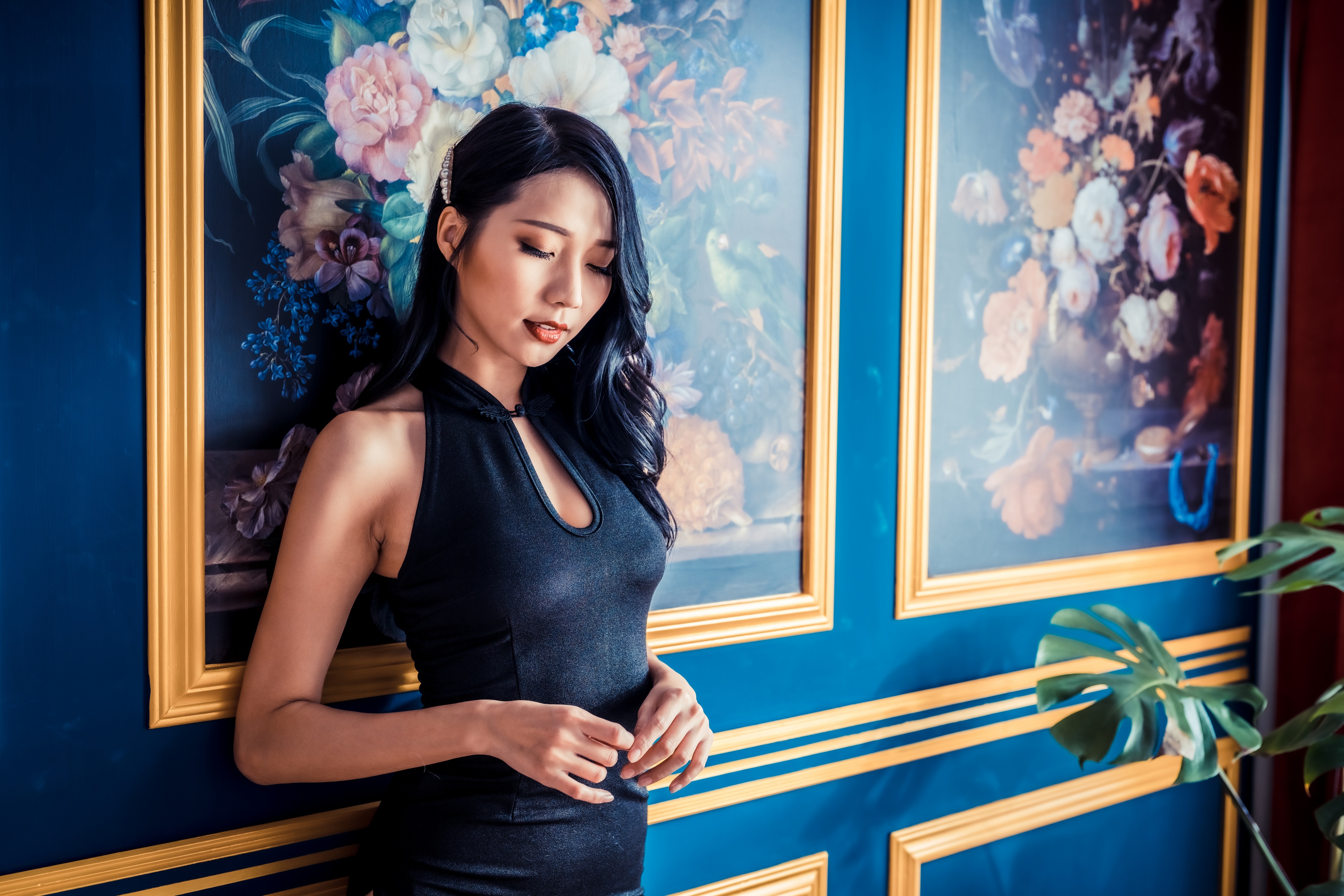 Asian woman in black dress HD Wallpaper
