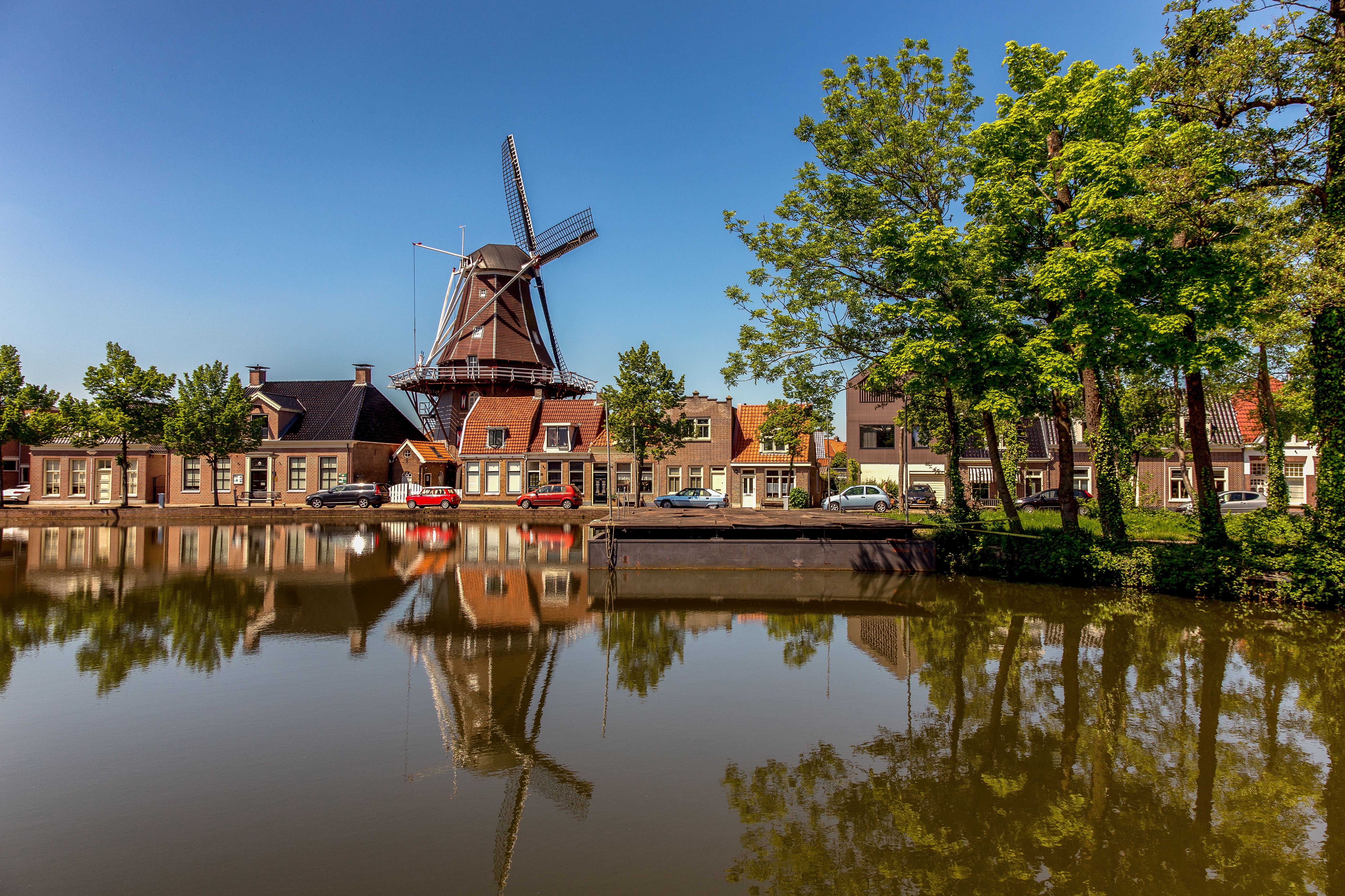 Canal with Windmill and Houses in Meppel, Netherlands HD Wallpaper