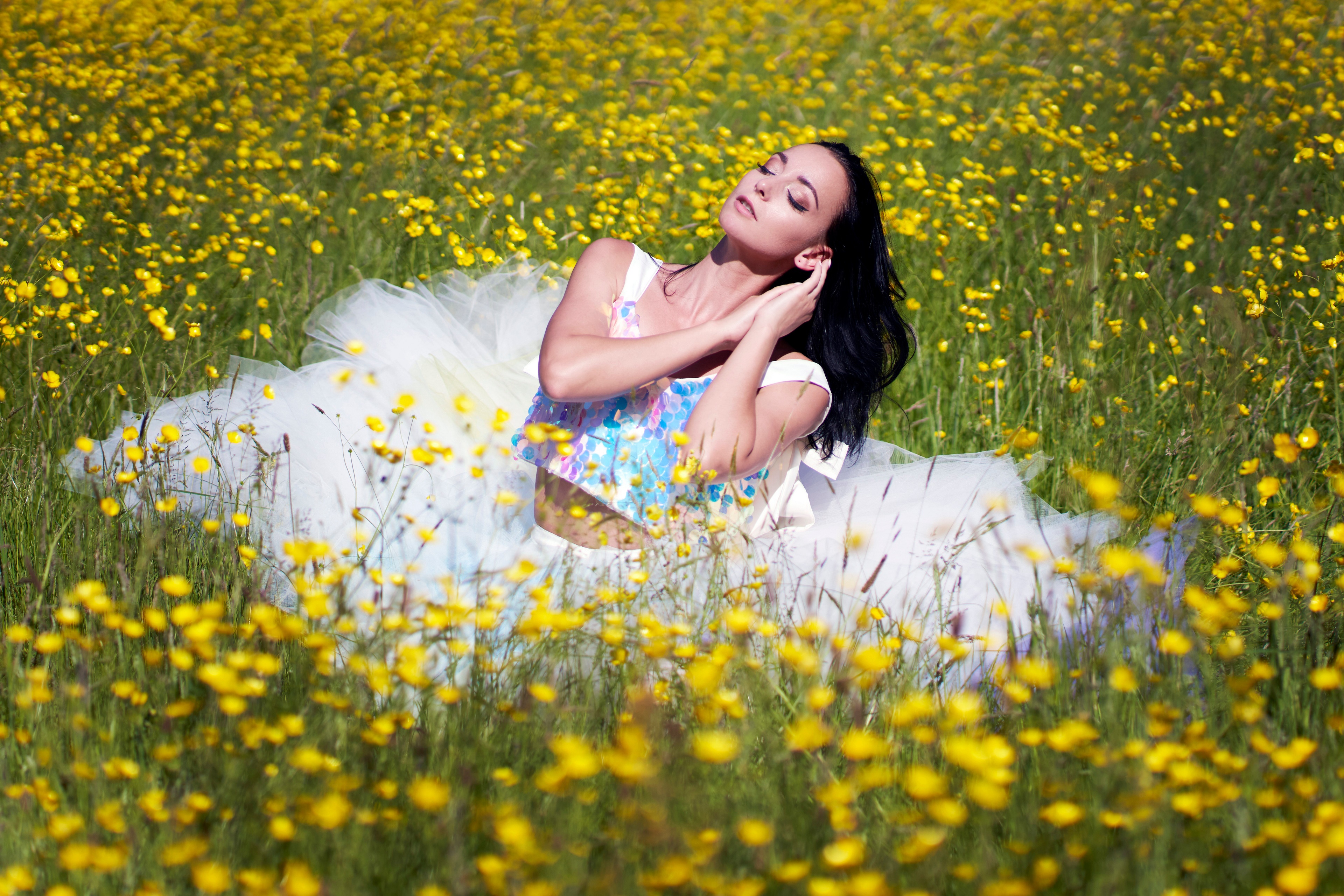 Brunette girl in a dress sitting in a field of yellow flowers HD Wallpaper