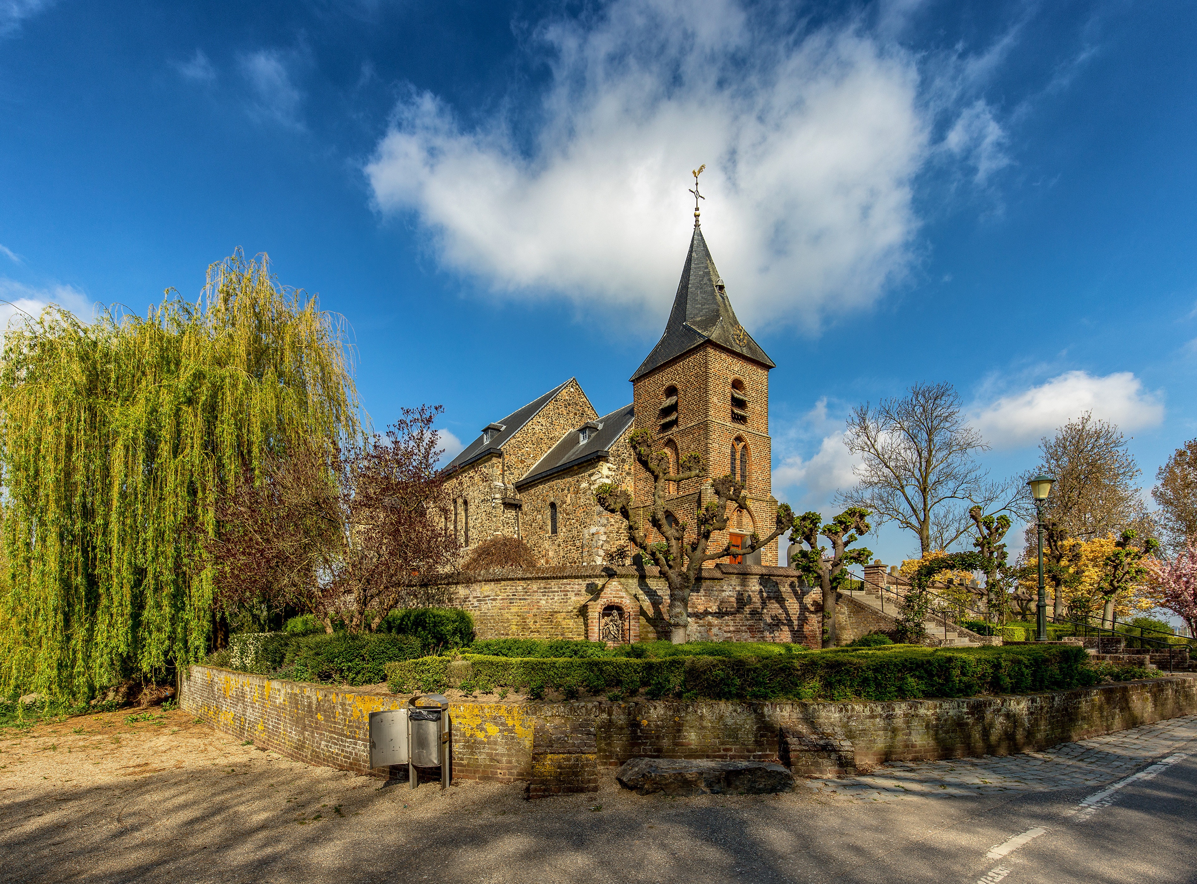 4K Church in Asselt, Netherlands with Trees and Clouds HD Wallpaper