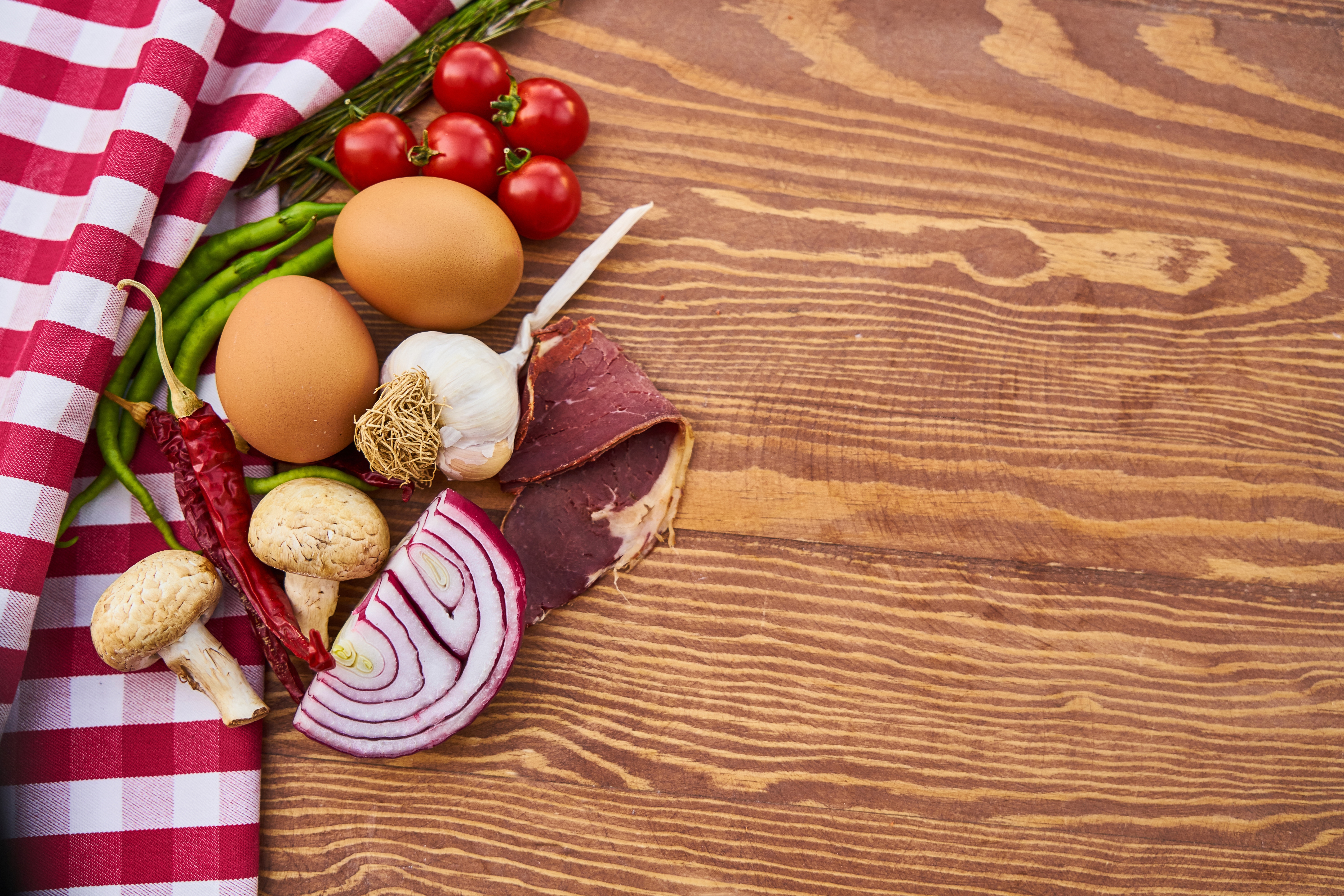 Ingredients for a Meal on a Wooden Table HD Wallpaper