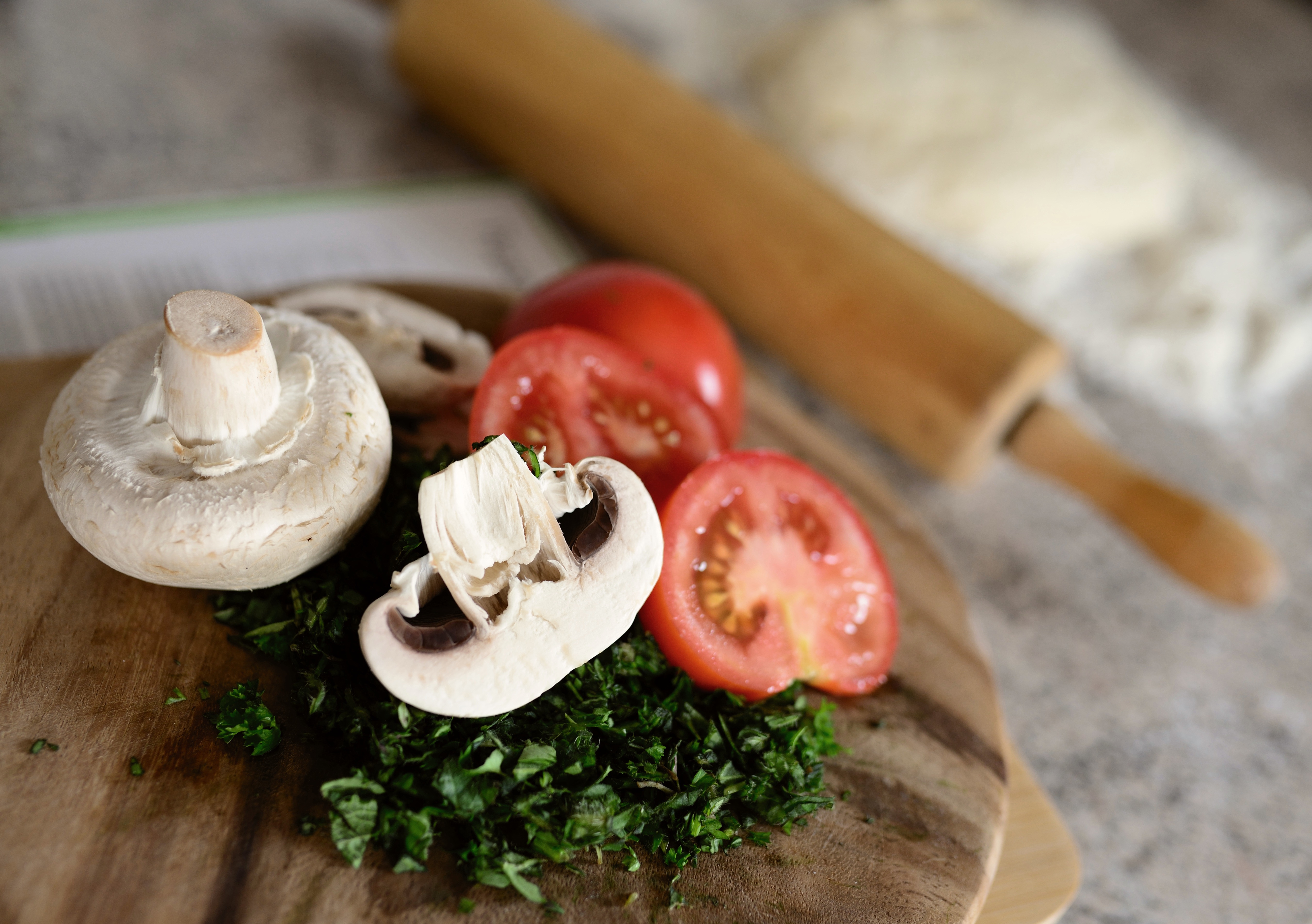 Mushrooms and Tomatoes on Cutting Board with Rolling Pin HD Wallpaper