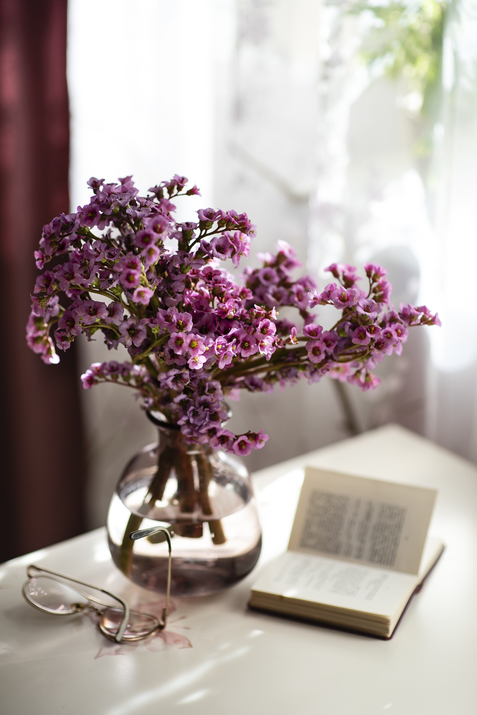 Still life with flowers, book, and glasses HD Phone Wallpaper